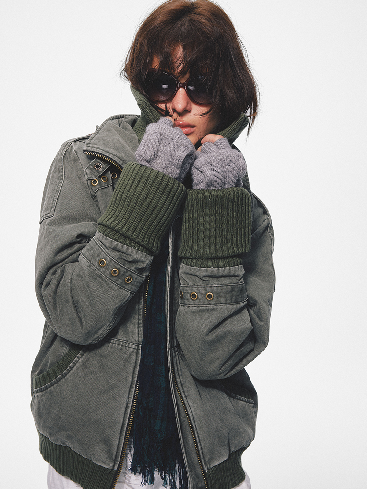 TRECLUB Retro Punk Washed Cross Eyelet Ribbed Collar Padded Jacket, premium urban and streetwear designers apparel on PROJECTISR.com, TRECLUB
