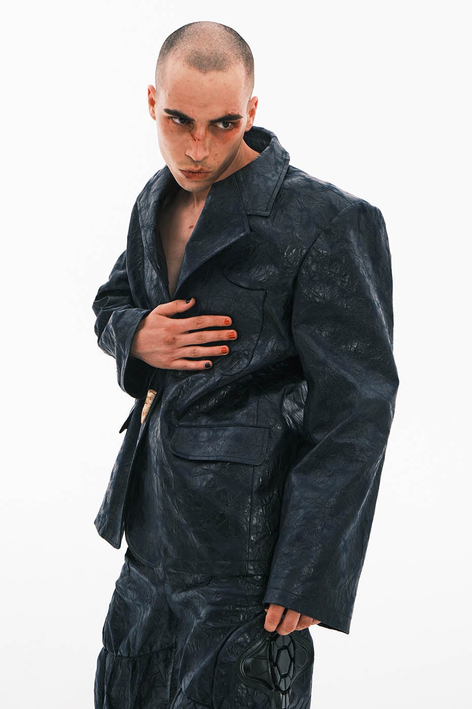EMBRYO Crinkled Textured Faux Leather Blazer, premium urban and streetwear designers apparel on PROJECTISR.com, EMBRYO