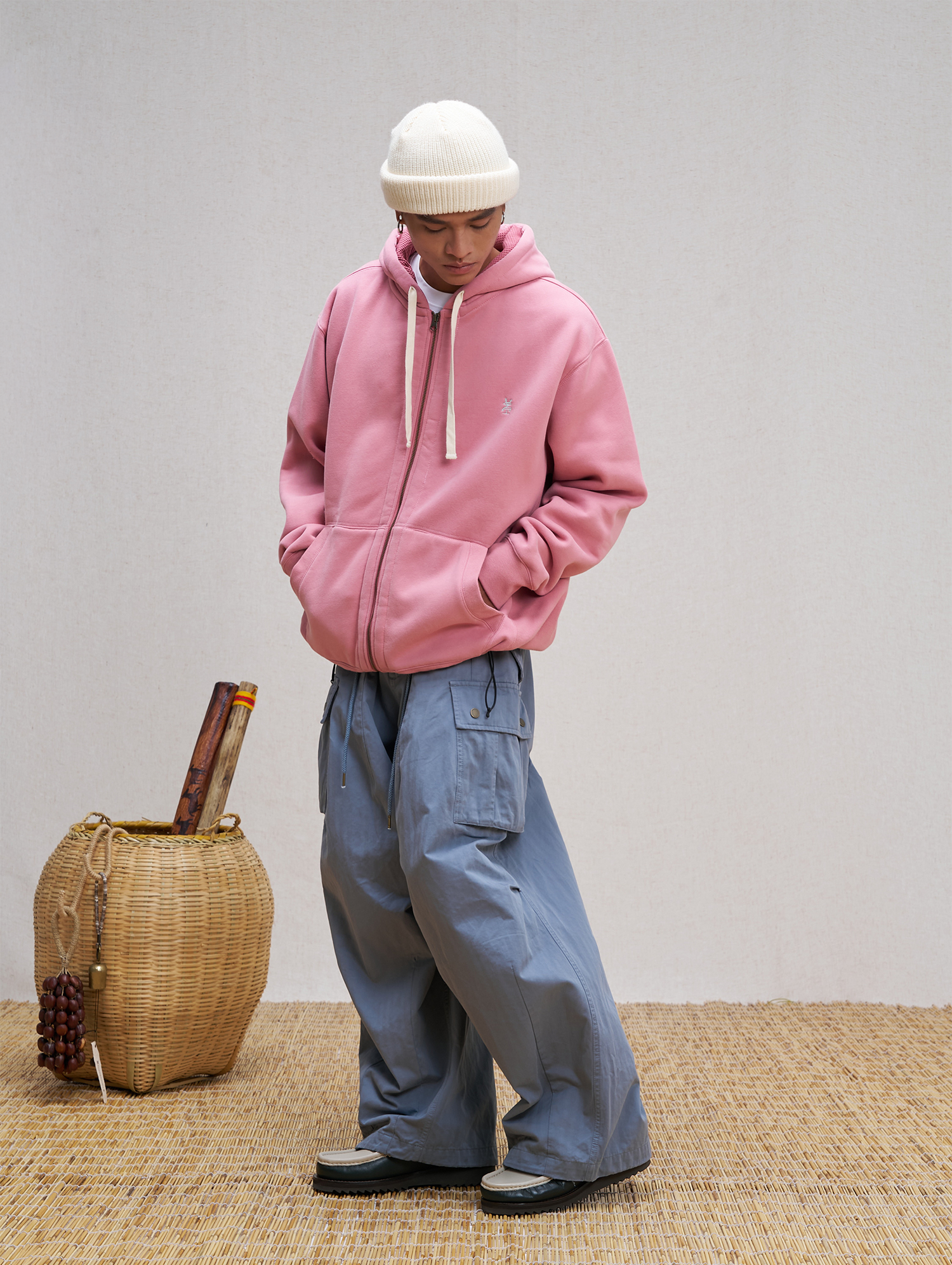 UNLIMITED MOTE Embroidered Waffle Lining Drawstring Hood Jacket