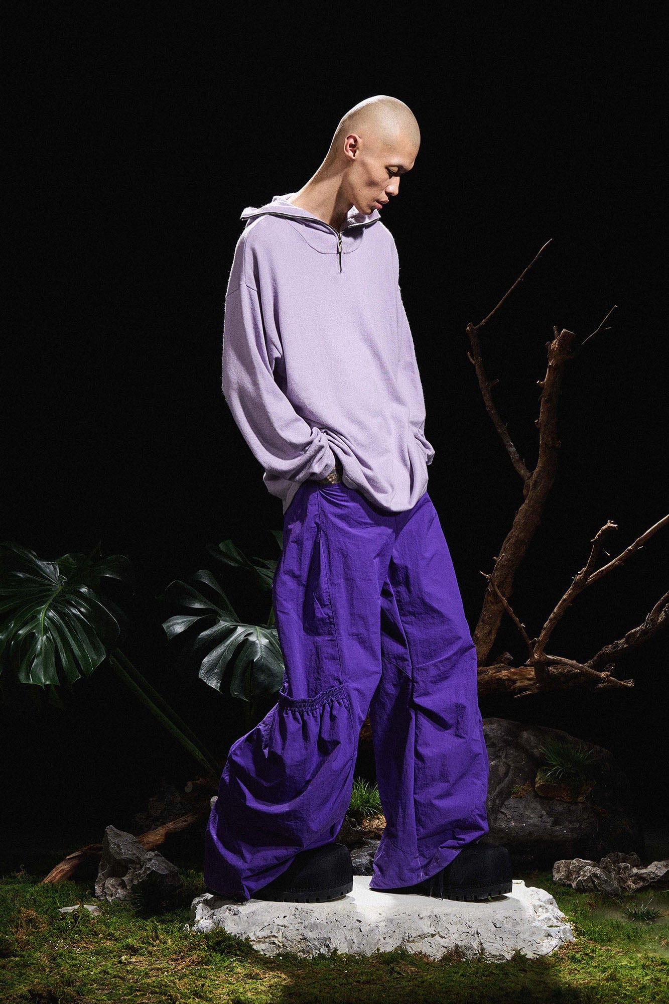 RELABEL Big-Pocket Pleated Oversized Curved Pants Purple, premium urban and streetwear designers apparel on PROJECTISR.com, RELABEL