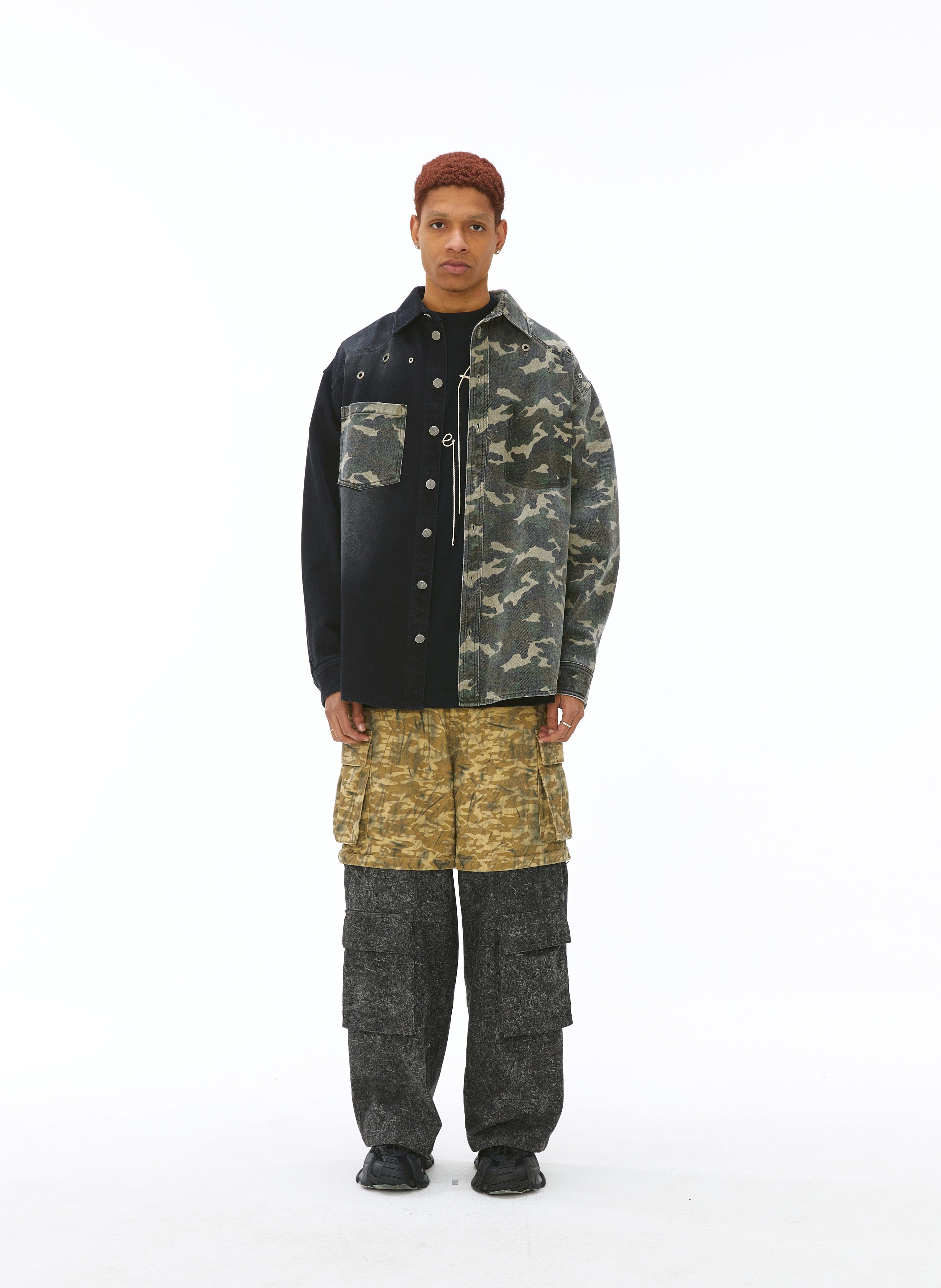 VANN VALRENCE Paneled Camo Denim Shirt