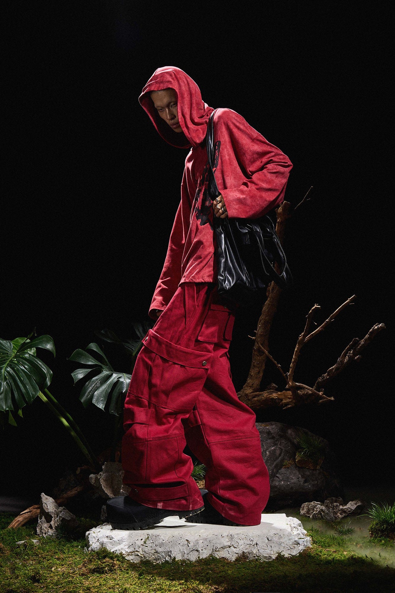 RELABEL Multi-Pocket Oversized Workwear Cargo Pants Red, premium urban and streetwear designers apparel on PROJECTISR.com, RELABEL