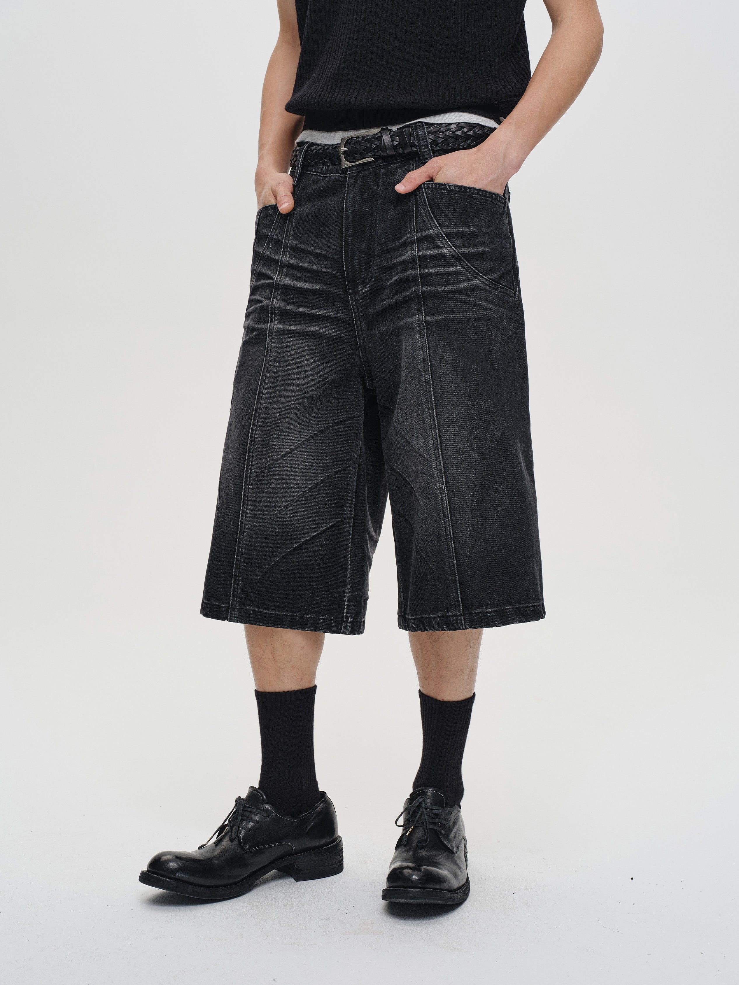 CATSSTAC Whisker-Wash Middle-Spliced Wide-Leg Shorts, premium urban and streetwear designers apparel on PROJECTISR.com, CATSSTAC