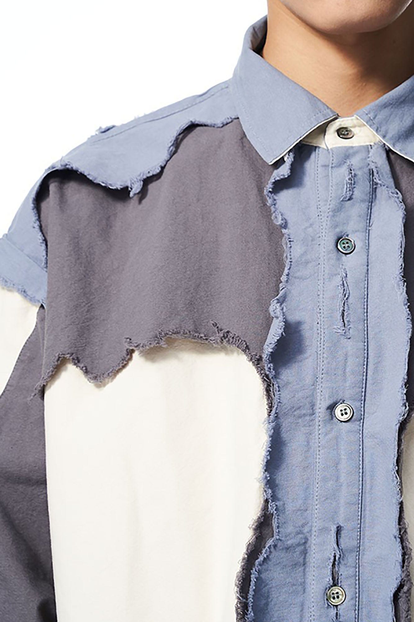 RELABEL Deconstructed Paneled Raw-Edge Frayed Shirt, premium urban and streetwear designers apparel on PROJECTISR.com, RELABEL