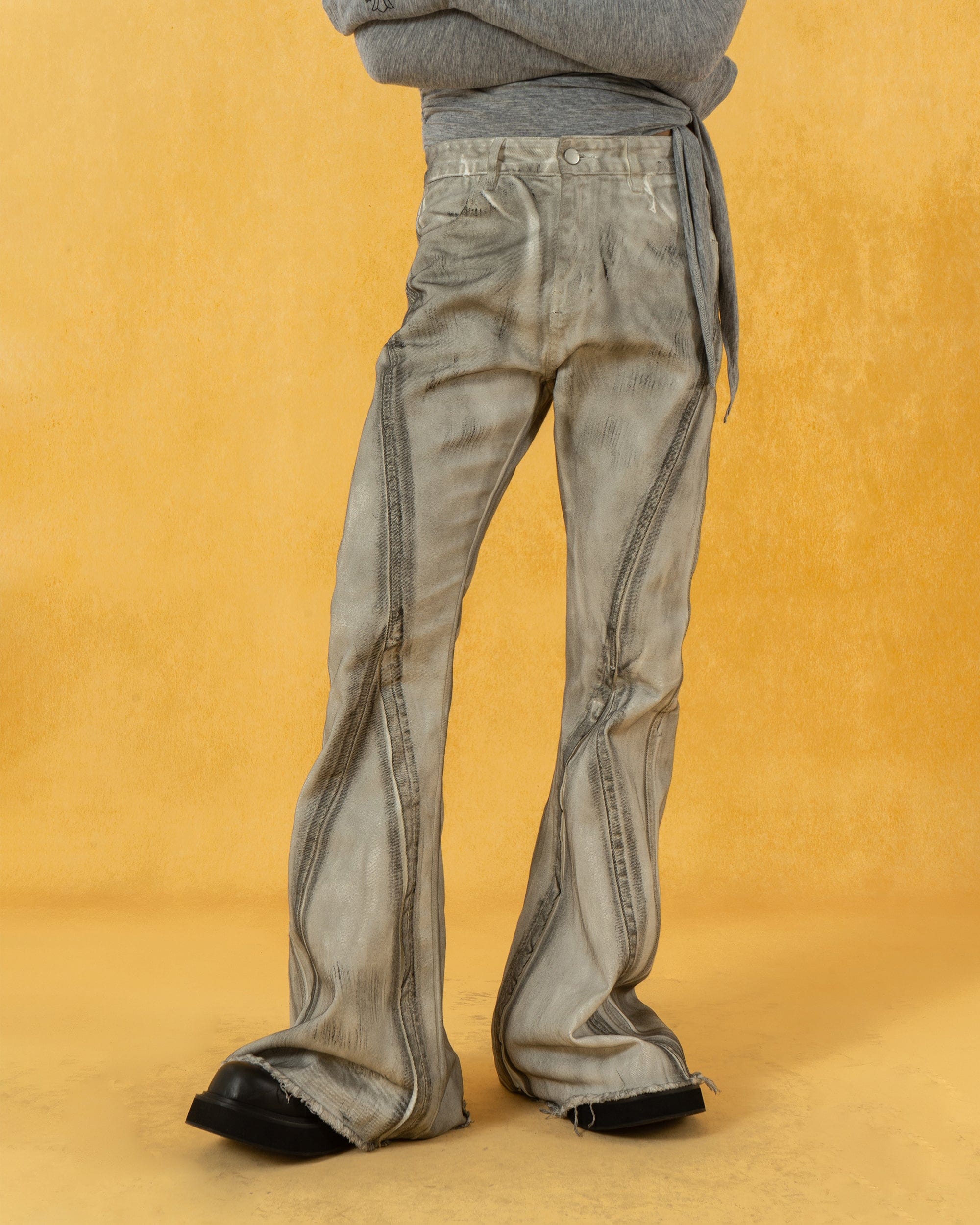 CLP Spliced Distressed Raw Edge Flared Jeans, premium urban and streetwear designers apparel on PROJECTISR.com, CLP