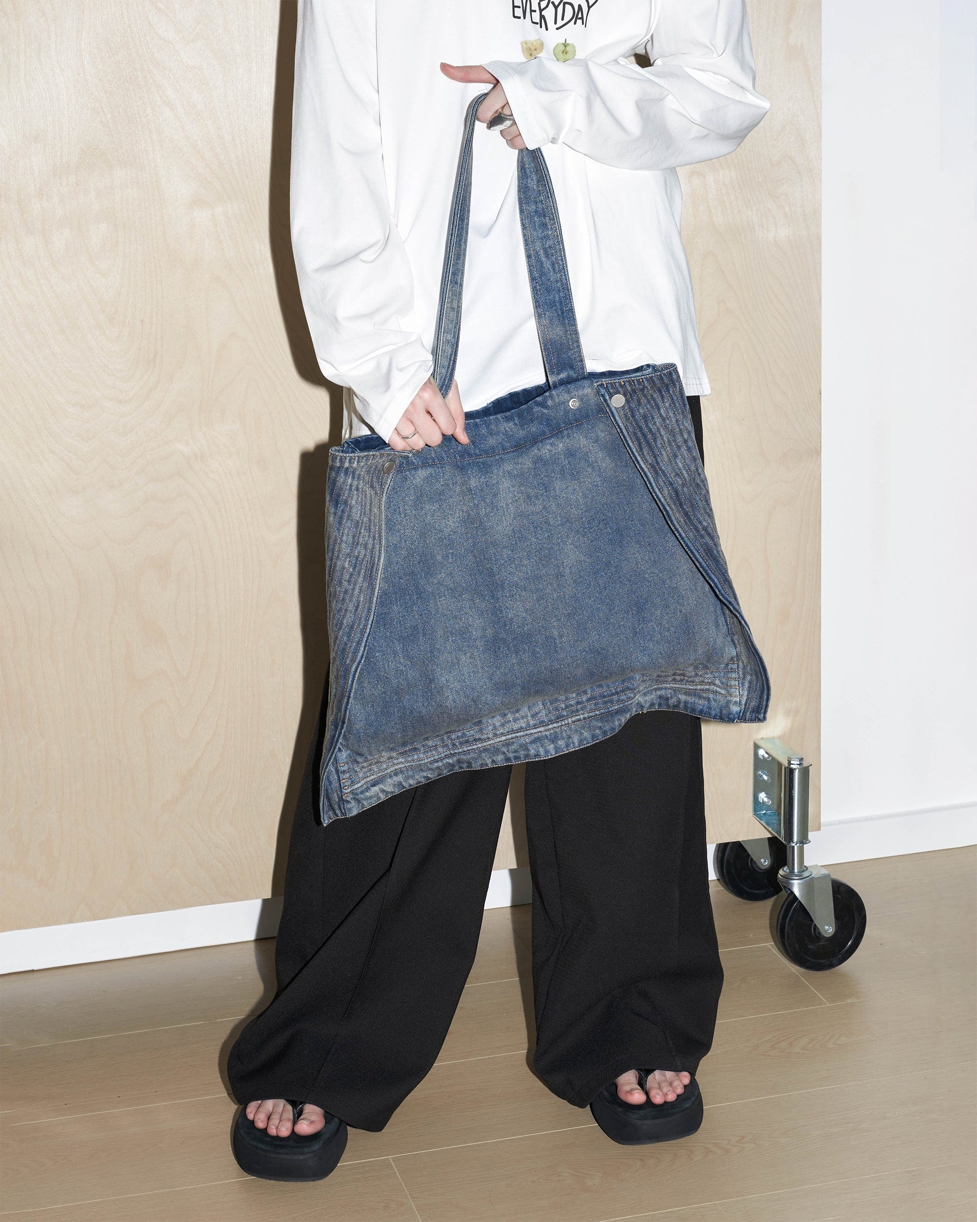 49PERCENT Modern Washed Foldable Denim Tote Bag, premium urban and streetwear designers apparel on PROJECTISR.com, 49PERCENT