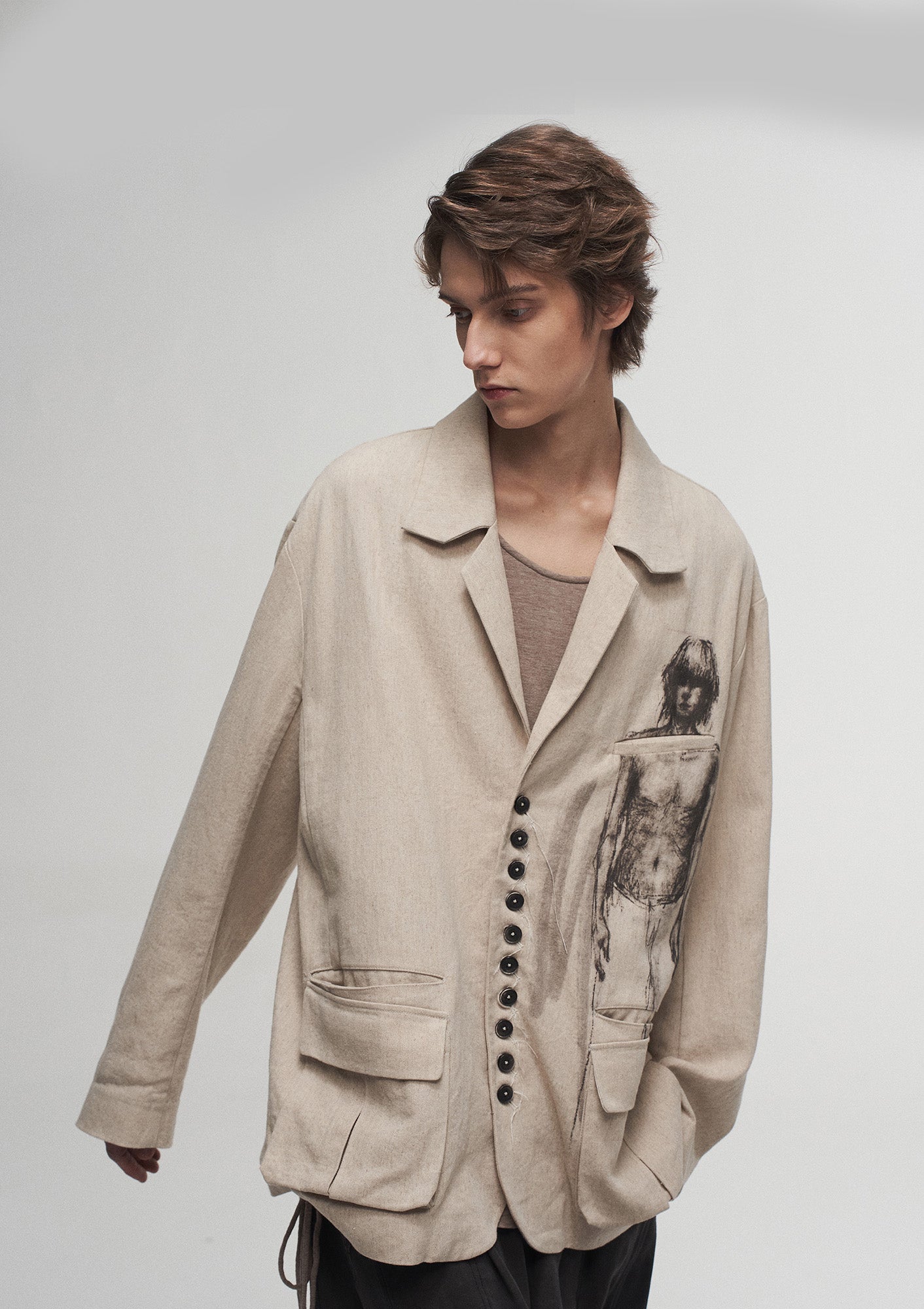 ILNya Nieternite Nifutur Ink Portrait Cotton-Linen Jacket, premium urban and streetwear designers apparel on PROJECTISR.com, ILNya Nieternite Nifutur