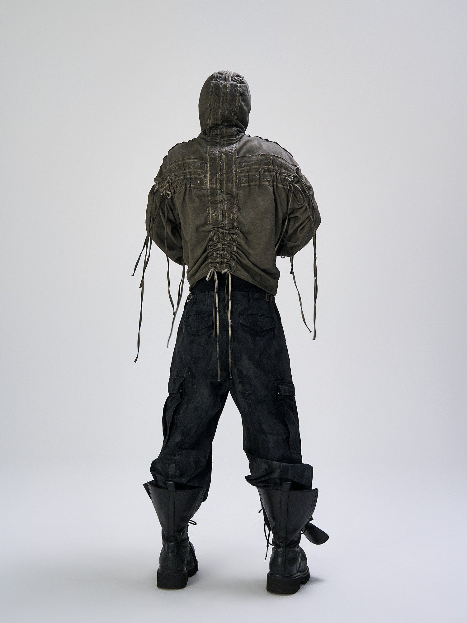 FLYERRER Distressed Drawstring Ruched Hooded Jacket, premium urban and streetwear designers apparel on PROJECTISR.com, FLYERRER