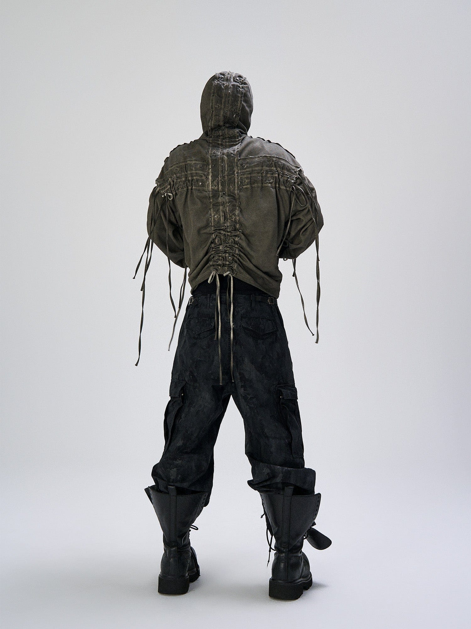 FLYERRER Distressed Drawstring Ruched Hooded Jacket, premium urban and streetwear designers apparel on PROJECTISR.com, FLYERRER