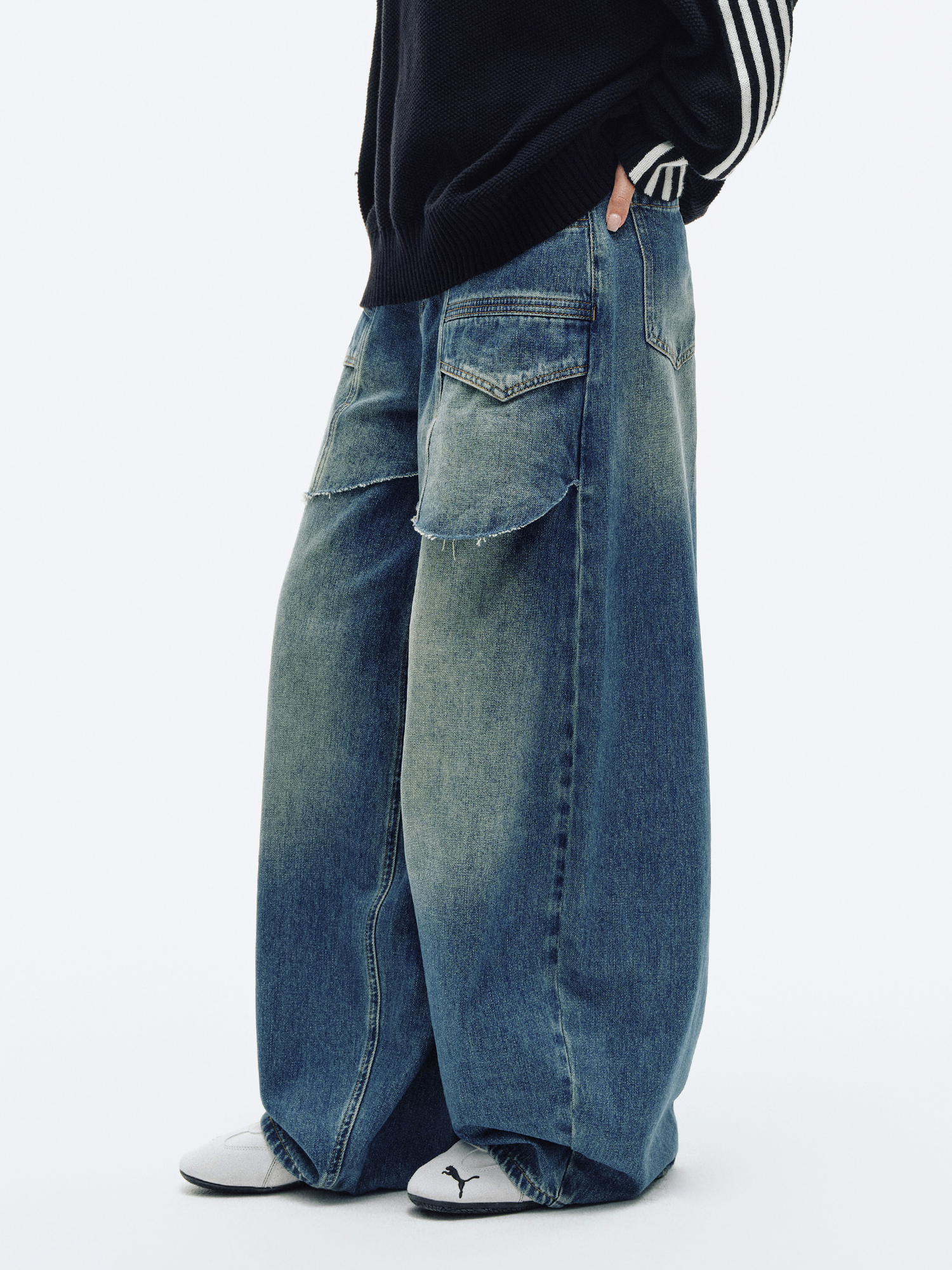 HAHAHA Spliced Washed Faux Layered Jeans