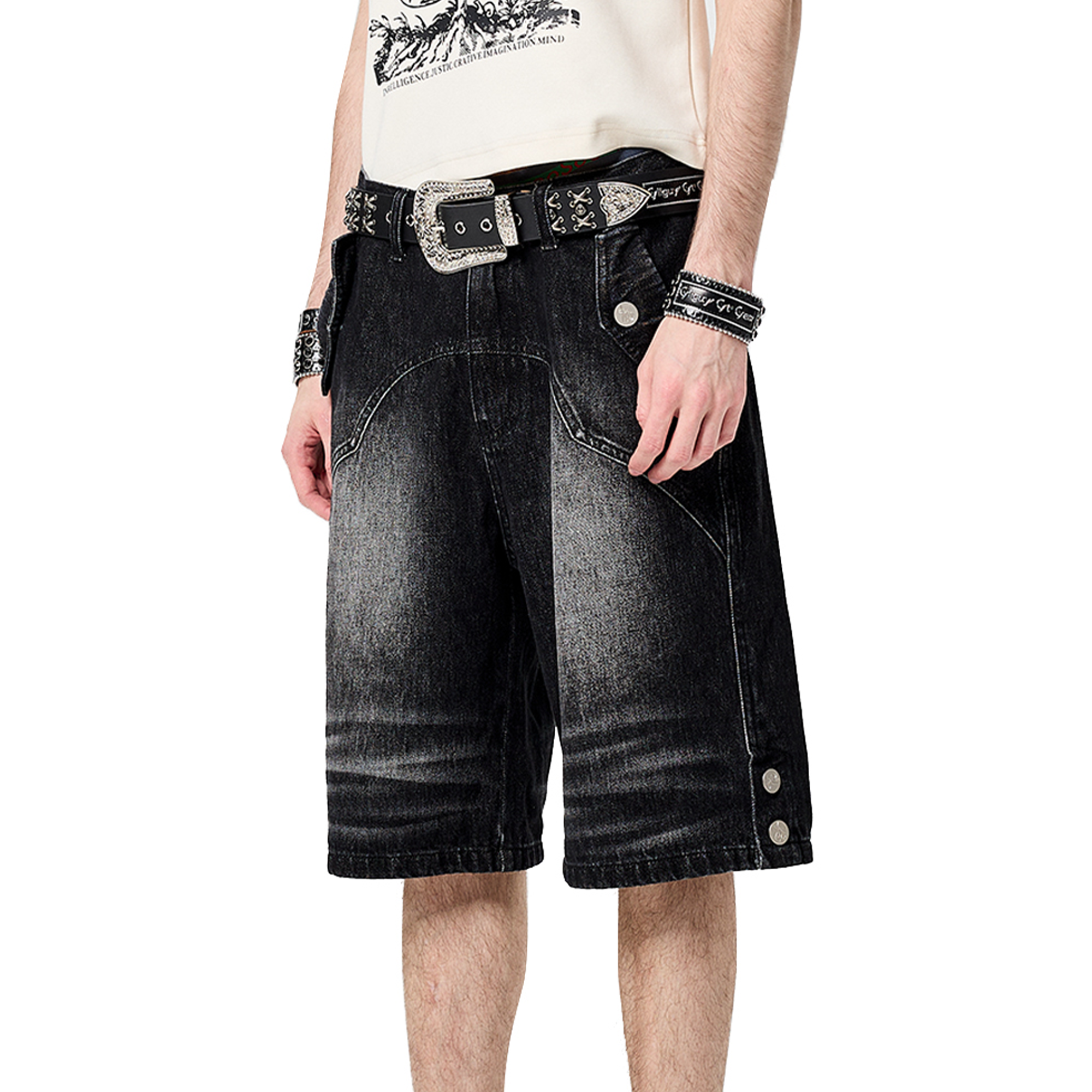 CYCYCY Retro Washed Paneled Denim Shorts