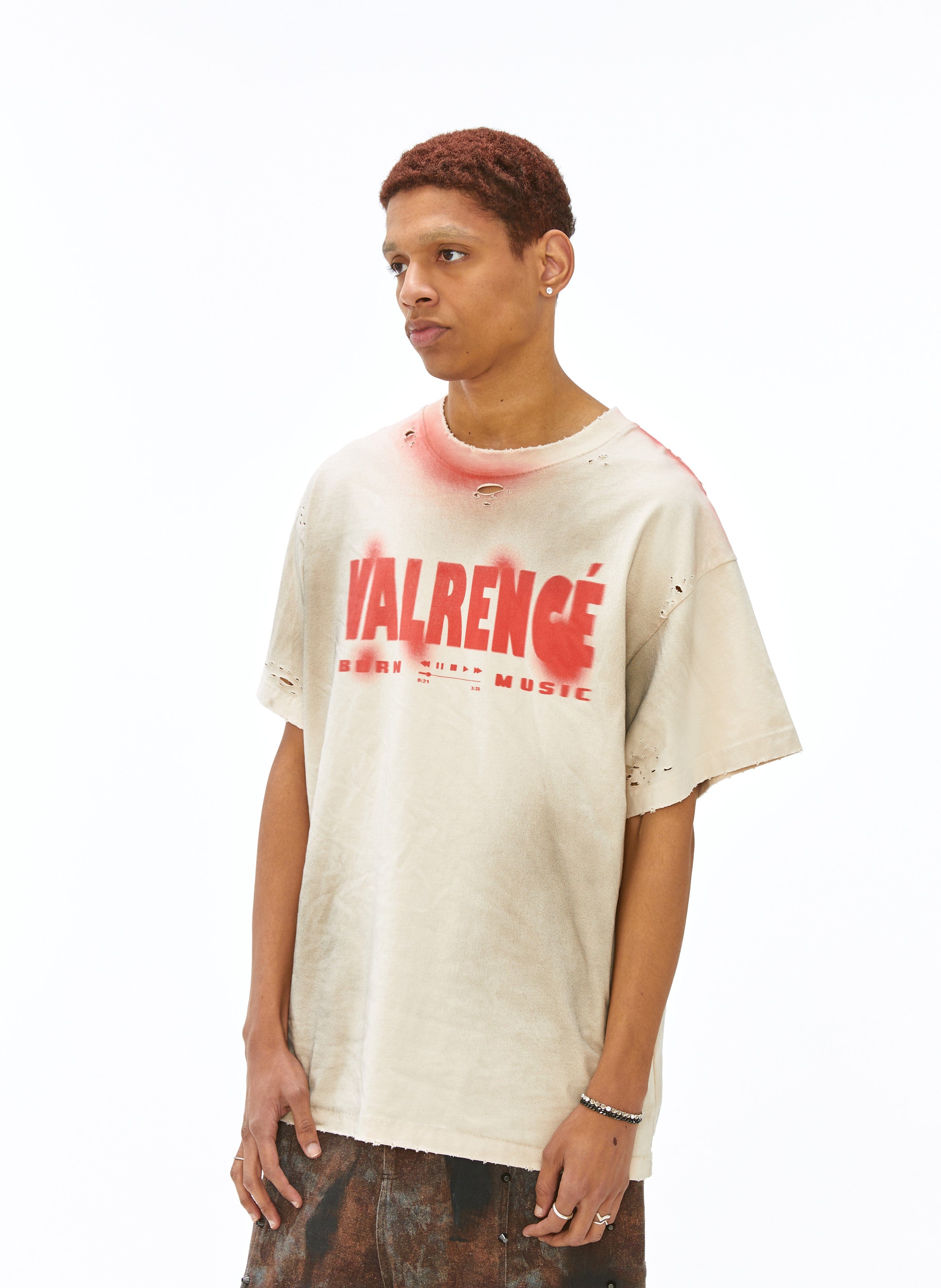VANN VALRENCE Distressed Washed Spray Faded LOGO T-Shirt