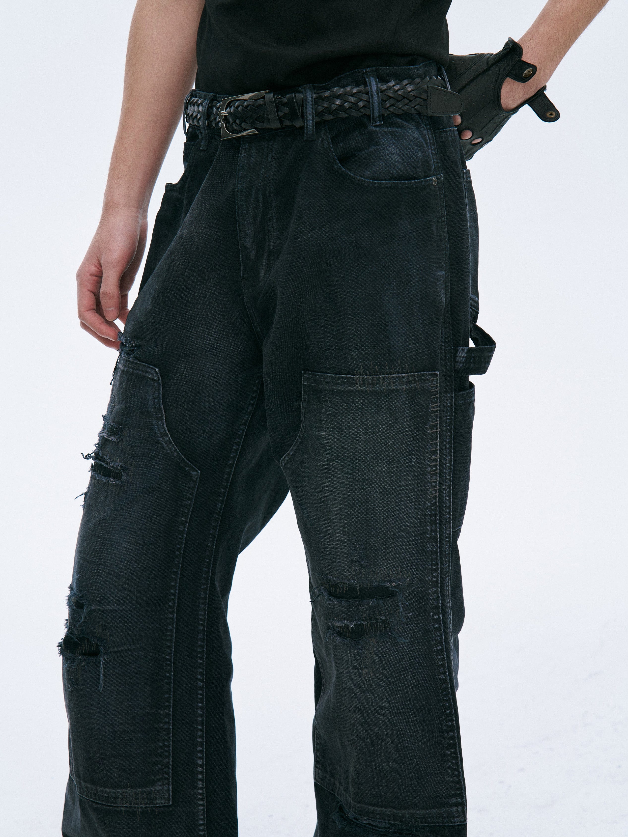 CATSSTAC Distressed Double-Knee Carpenter Straight-Leg Jeans Black, premium urban and streetwear designers apparel on PROJECTISR.com, CATSSTAC