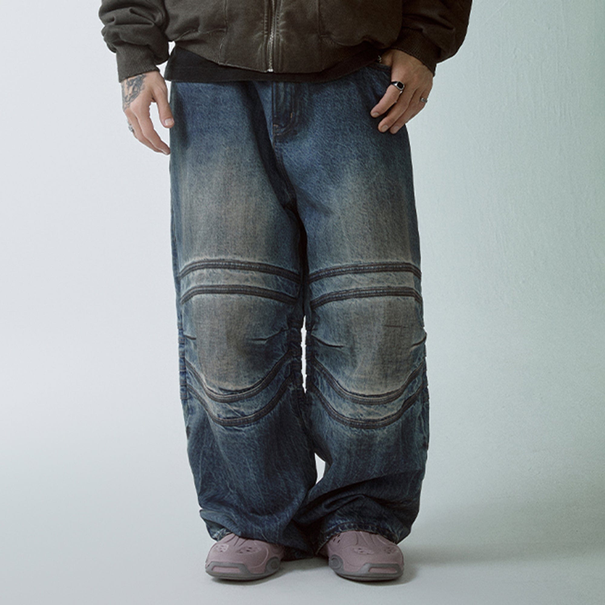 F2CE Retro Crinkled-Knee Washed Pants, premium urban and streetwear designers apparel on PROJECTISR.com, F2CE