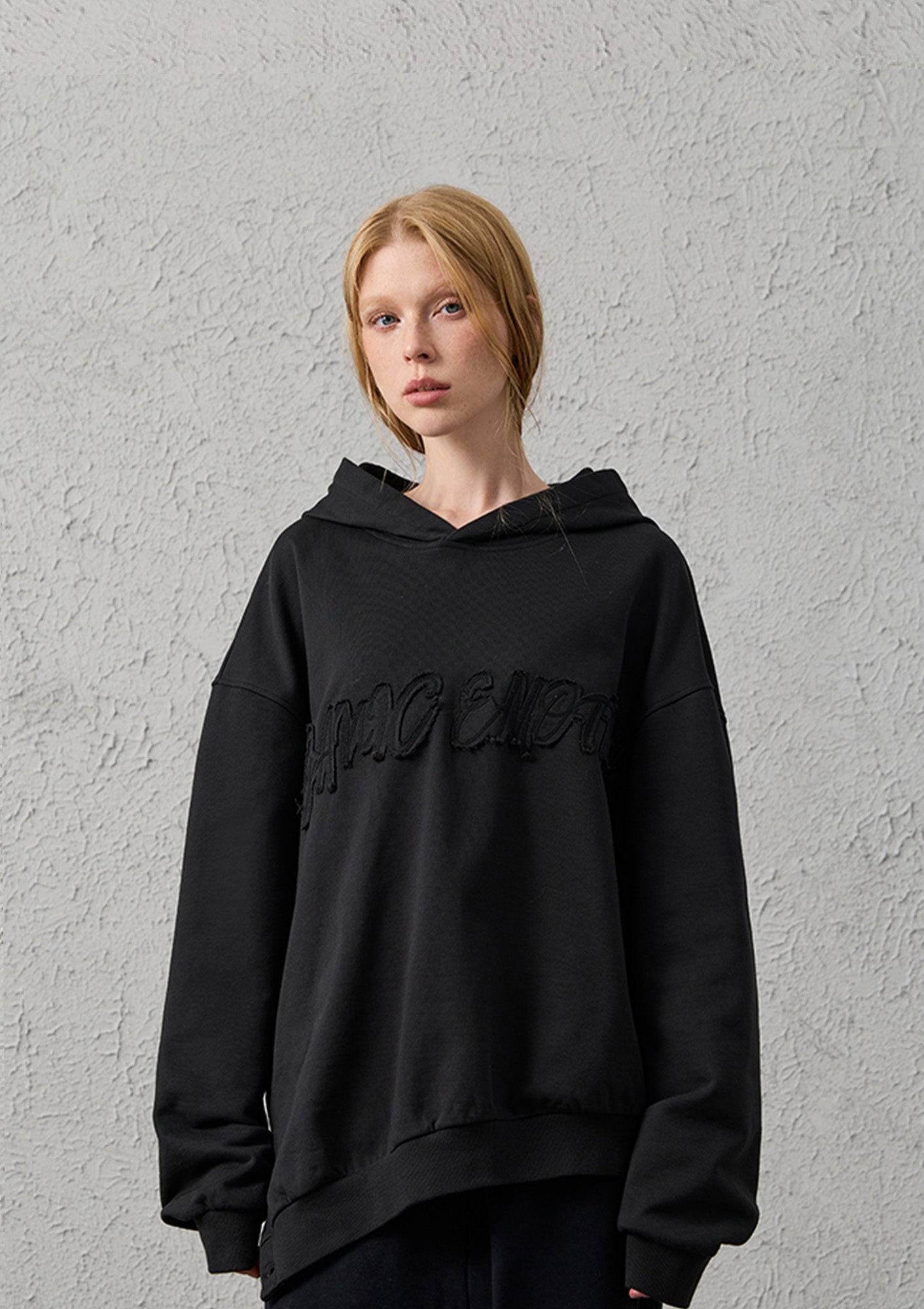 ORGANIC EMOTION Asymmetrical Hem LOGO Embroidered Hoodie, premium urban and streetwear designers apparel on PROJECTISR.com, ORGANIC EMOTION