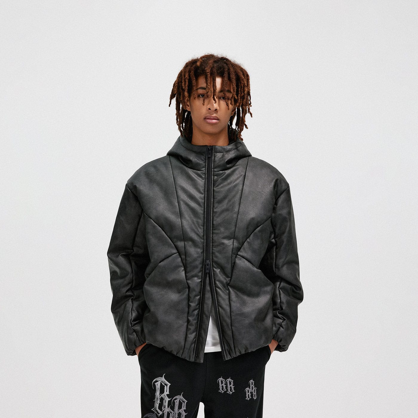 BONELESS Spliced Faux Leather Cotton Padded Jacket, premium urban and streetwear designers apparel on PROJECTISR.com, BONELESS
