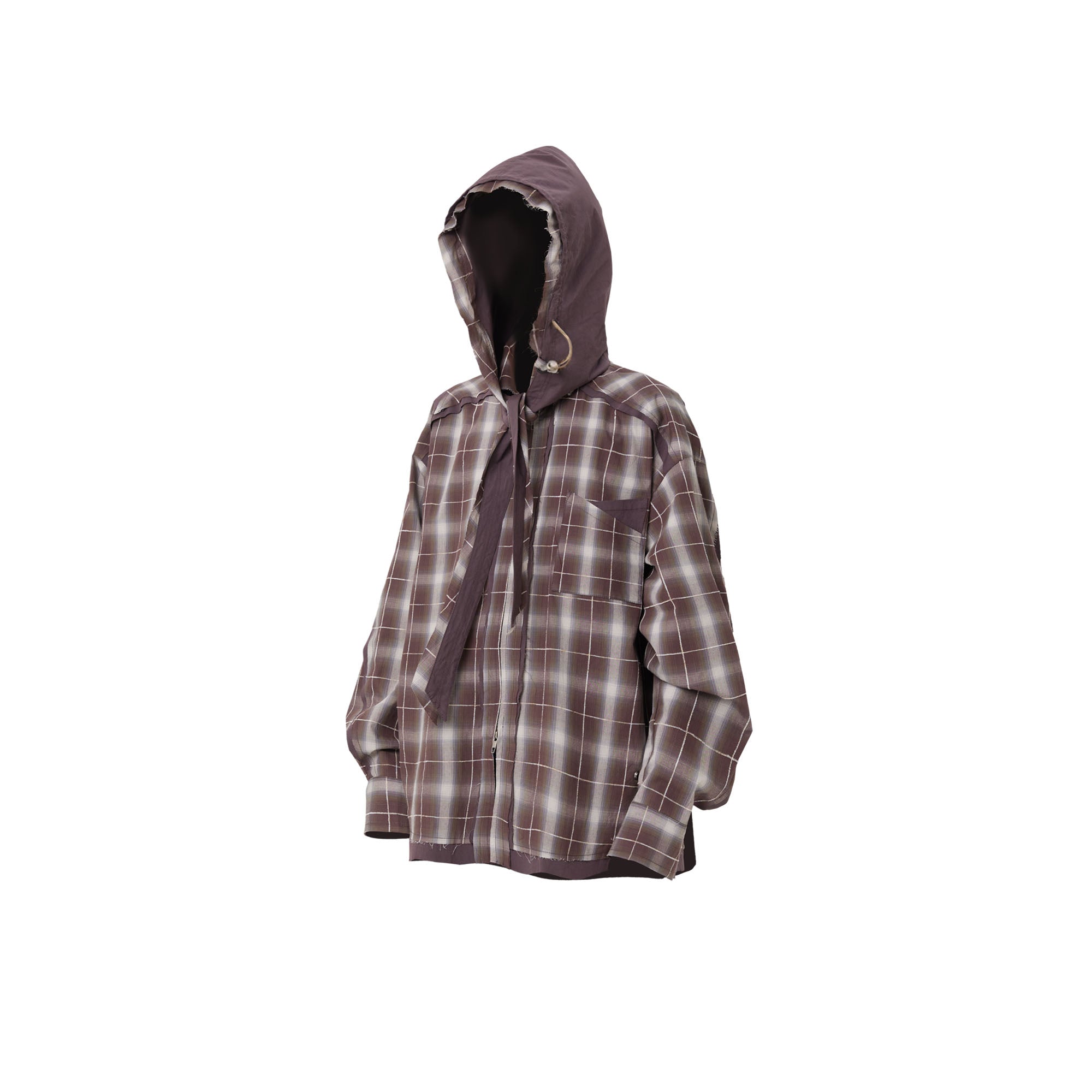 RELABEL Detachable Hood Plaid Frayed Oversized Shirt