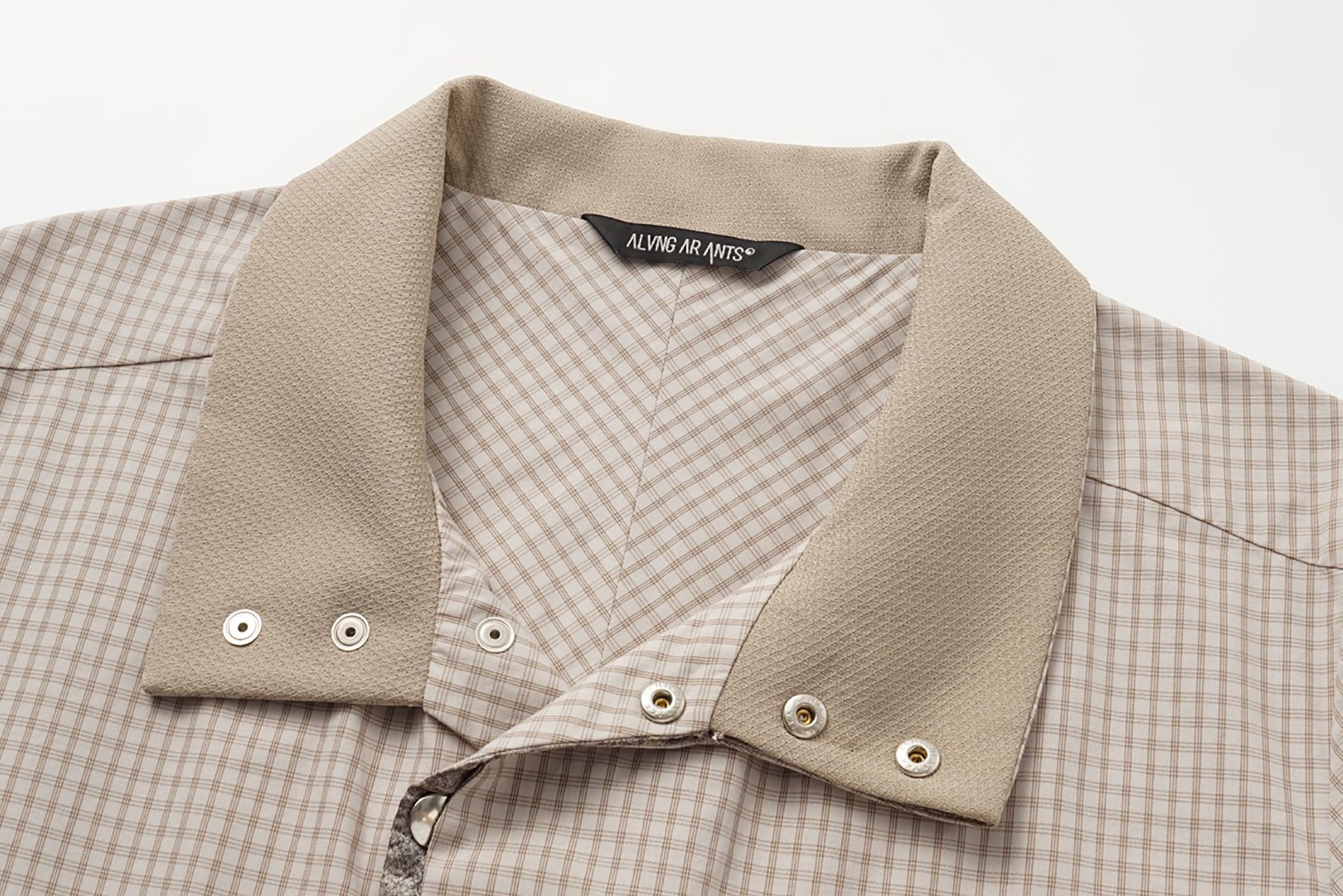 ALVNG AR ANTS Asymmetrical Snap Placket Mini Check Half Shirt, premium urban and streetwear designers apparel on PROJECTISR.com, ALVNG AR ANTS