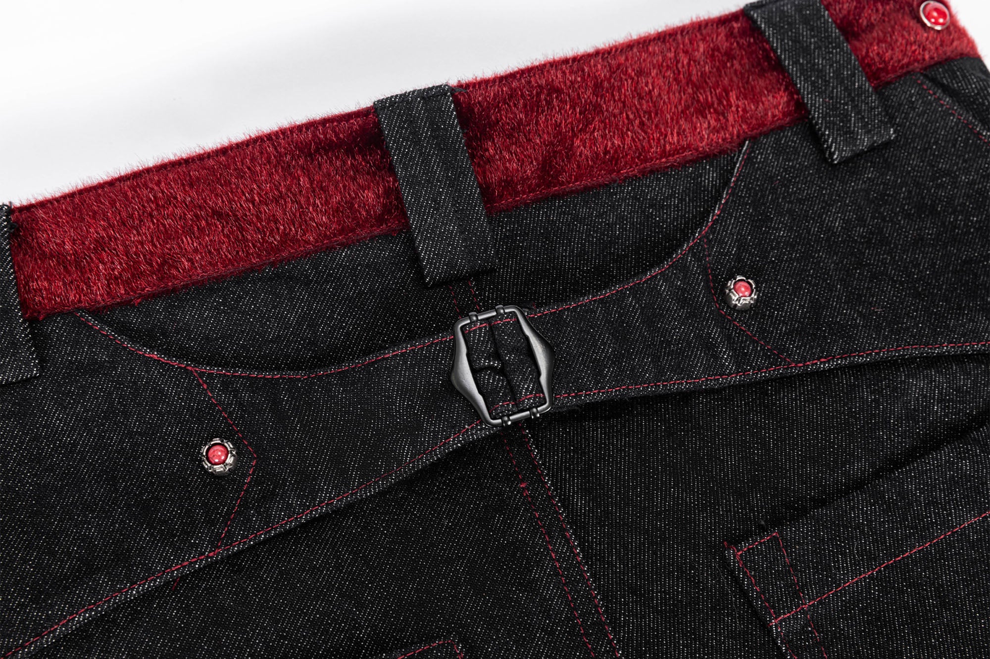 ESAIAS Vermilion Stitch Red Turquoise Curved Denim Pants, premium urban and streetwear designers apparel on PROJECTISR.com, ESAIAS