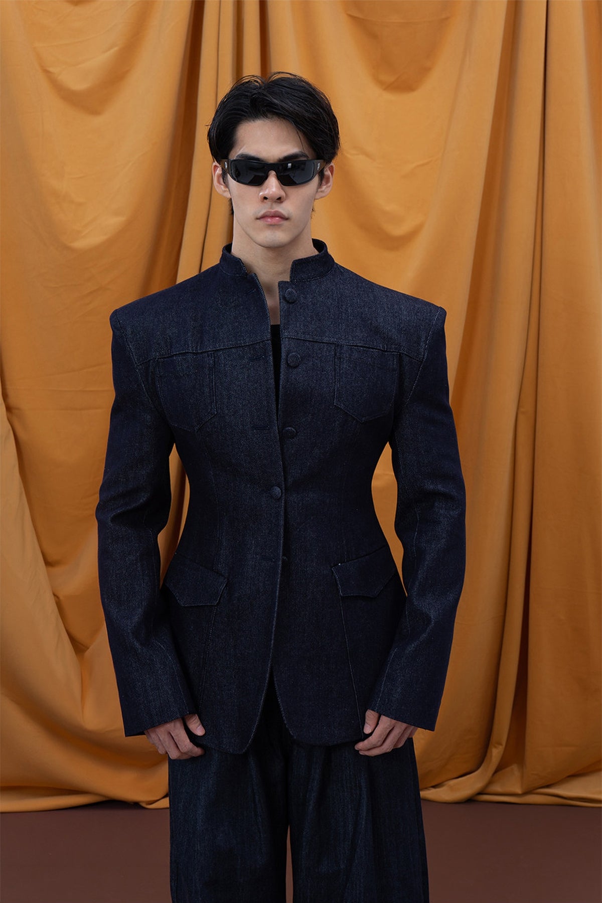 CLP Mandarin Collar Multi-Pocket Fitted Denim Jacket — half body