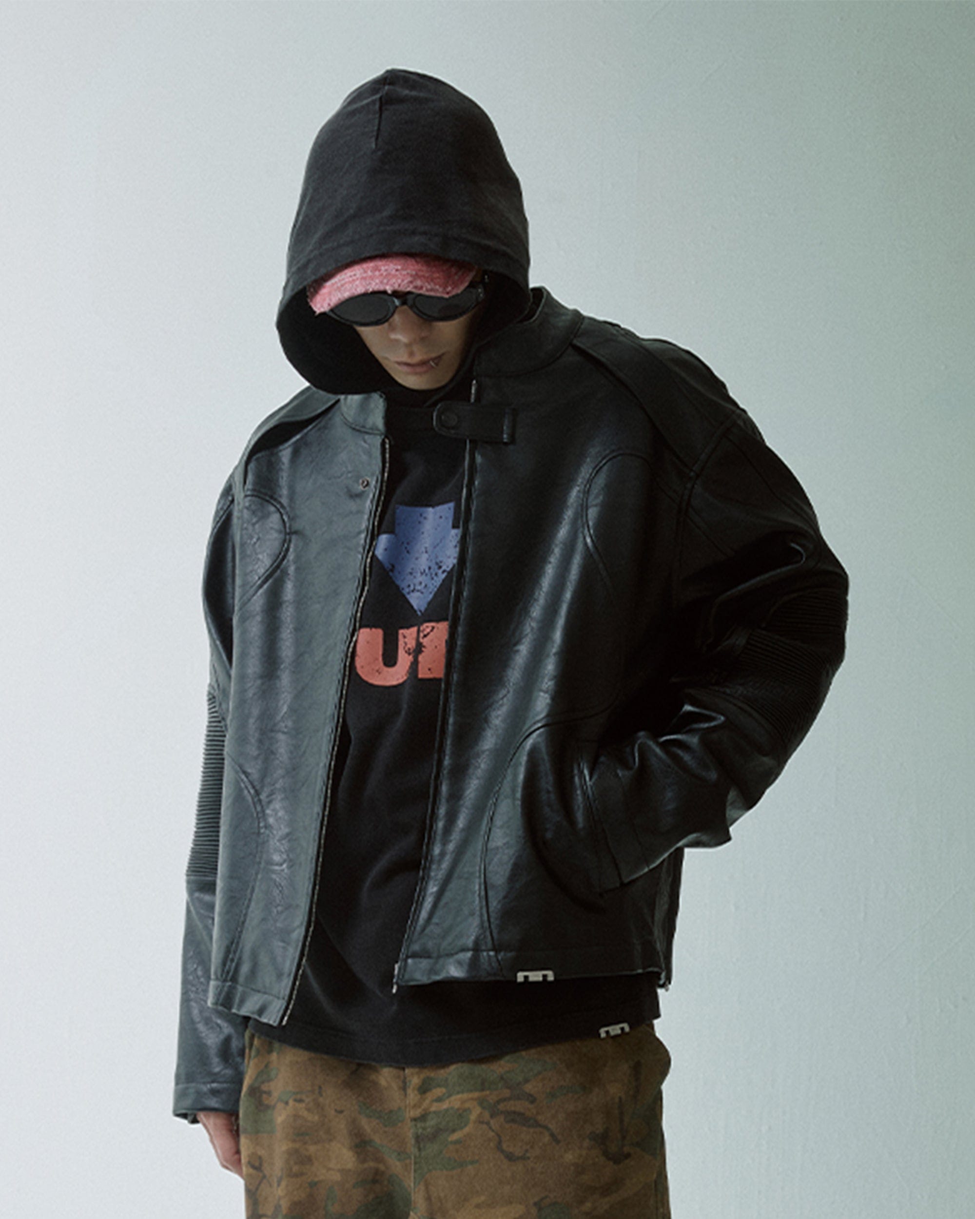 F2CE Modern Deconstructed Faux Leather Biker Jacket Black, premium urban and streetwear designers apparel on PROJECTISR.com, F2CE