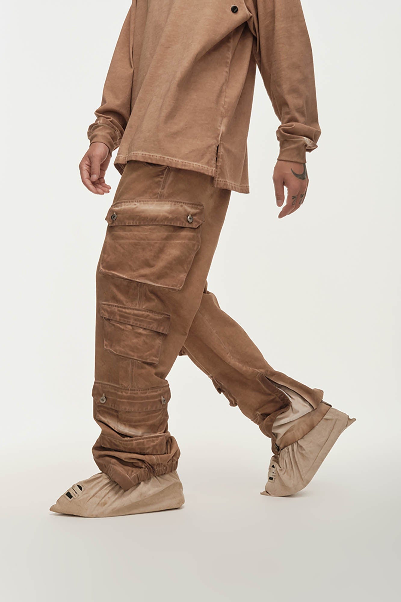 LIFEGOESON Distressed Multi-Pocket Layered Cargo Pants Earth, premium urban and streetwear designers apparel on PROJECTISR.com, LIFEGOESON