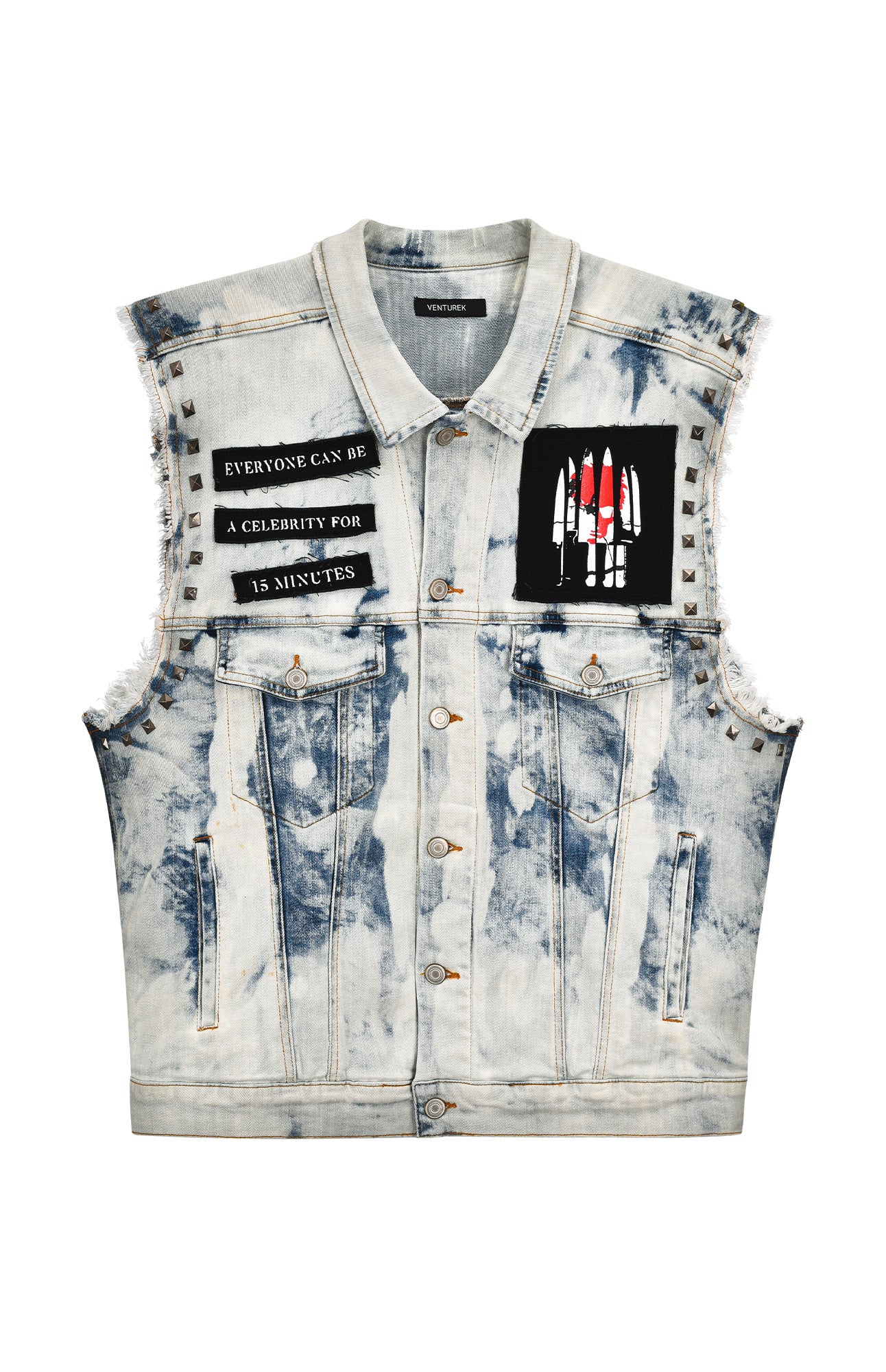VENTUREK Distressed Washed Studded Patch Denim Vest, premium urban and streetwear designers apparel on PROJECTISR.com, VENTUREK