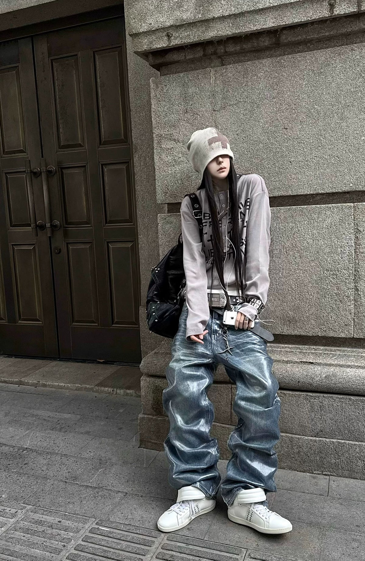 REBEL WAVE Frayed Raw-Edge Wax-Coated Flared Jeans