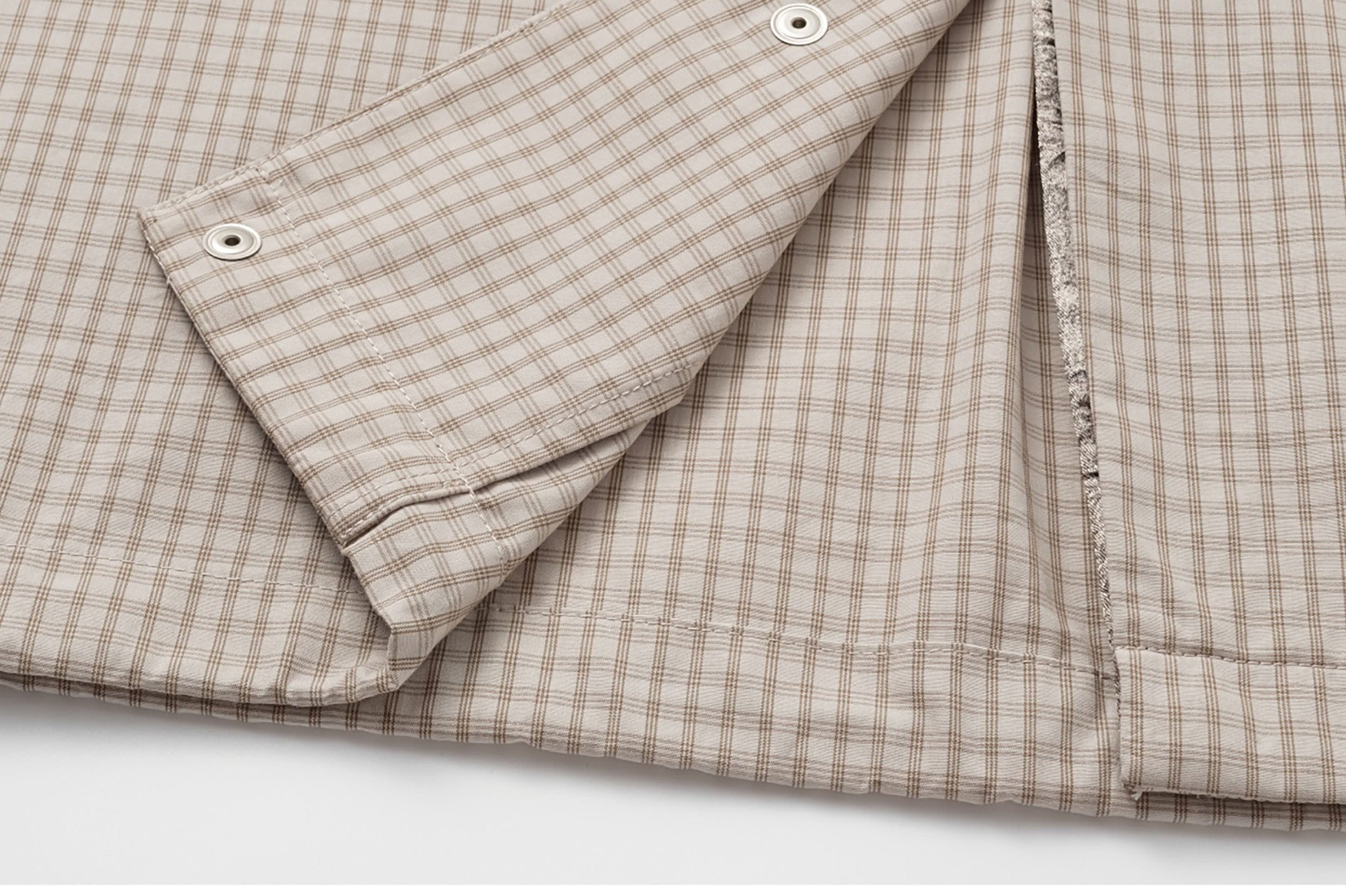 ALVNG AR ANTS Asymmetrical Snap Placket Mini Check Half Shirt, premium urban and streetwear designers apparel on PROJECTISR.com, ALVNG AR ANTS