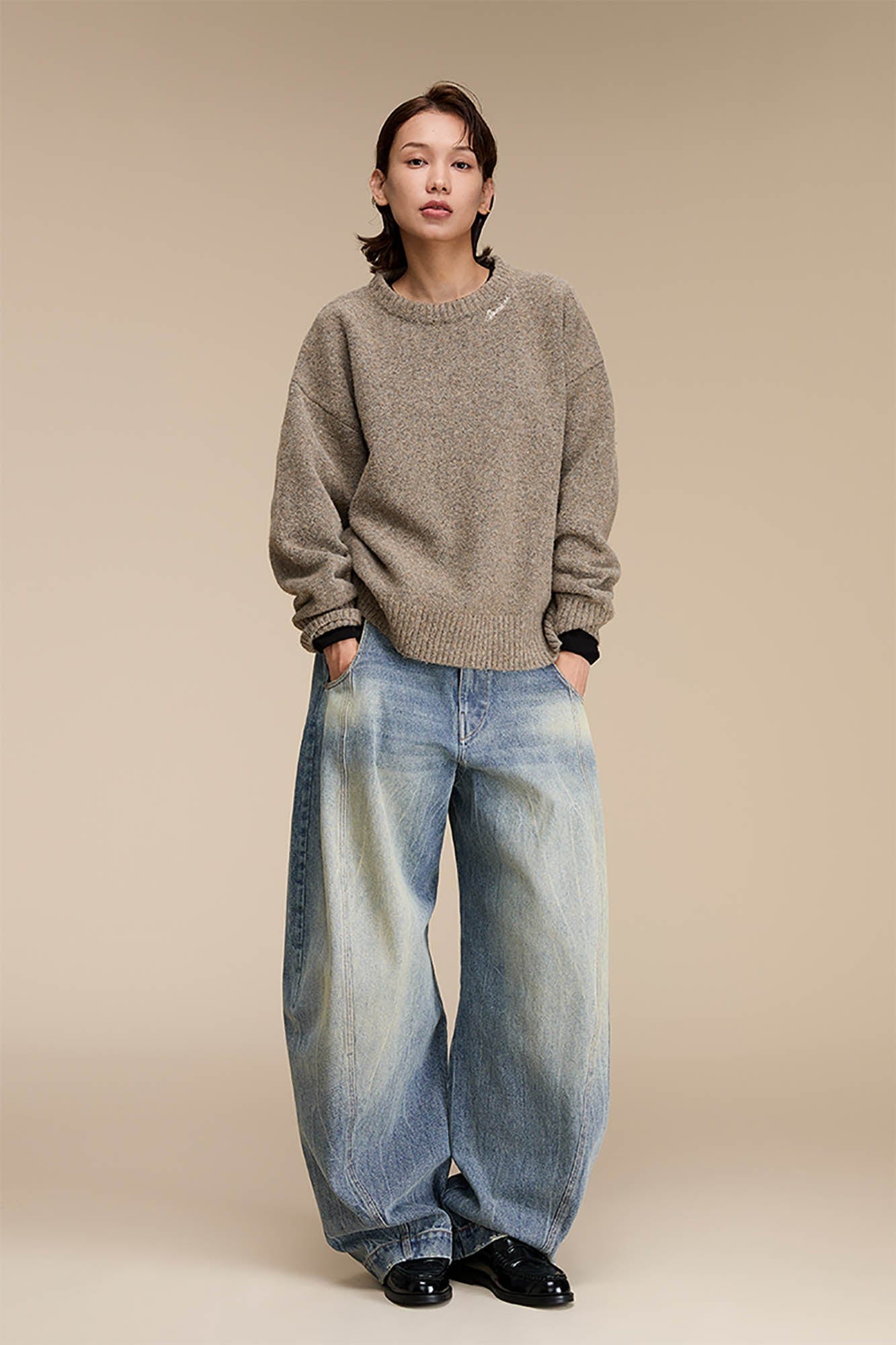 OPICLOTH Distressed Spliced Barrel-Leg Jeans, premium urban and streetwear designers apparel on PROJECTISR.com, OPICLOTH