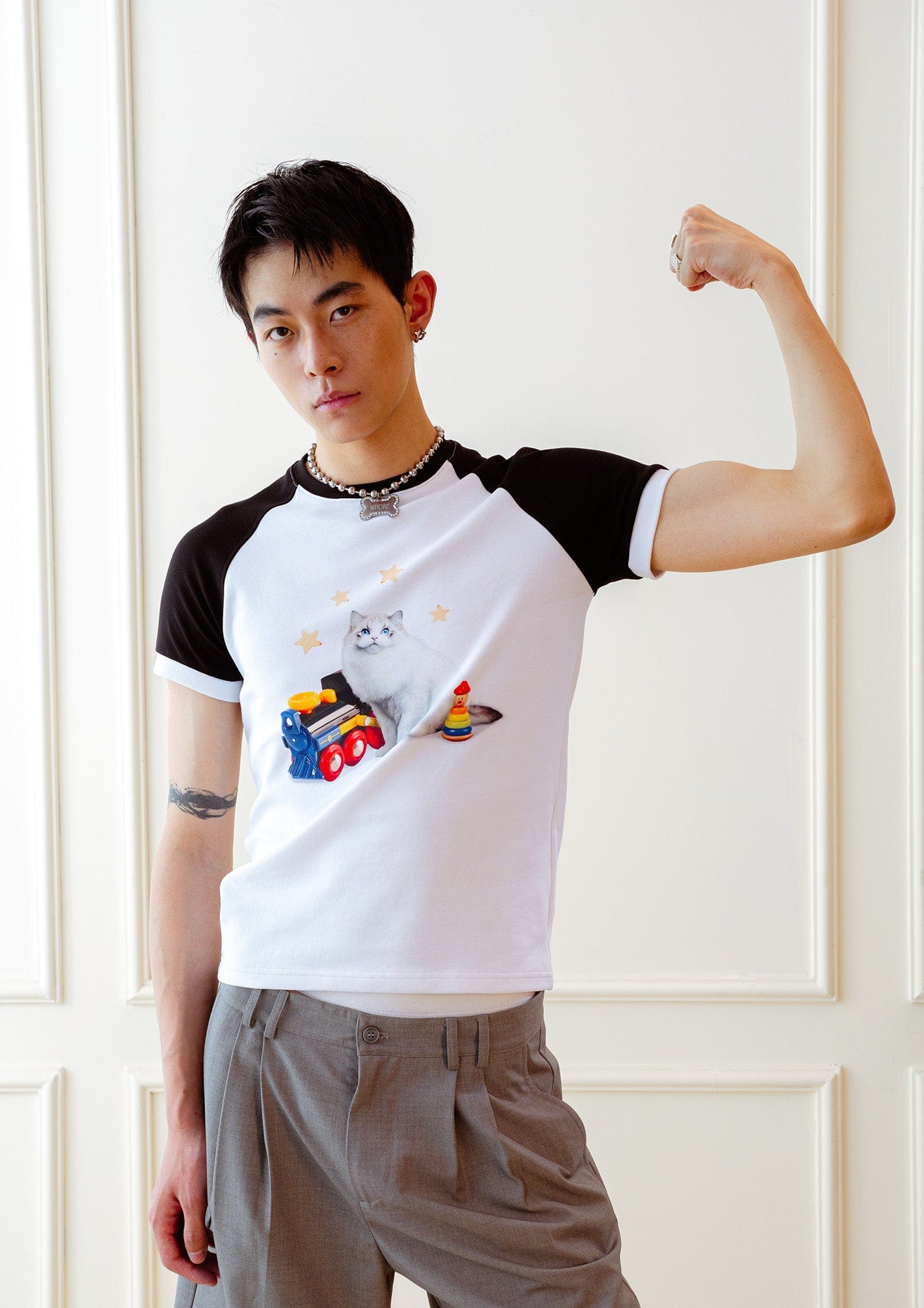 KADAKADA Essential Contrast Raglan Kitty Graphic T-Shirt, premium urban and streetwear designers apparel on PROJECTISR.com, KADAKADA