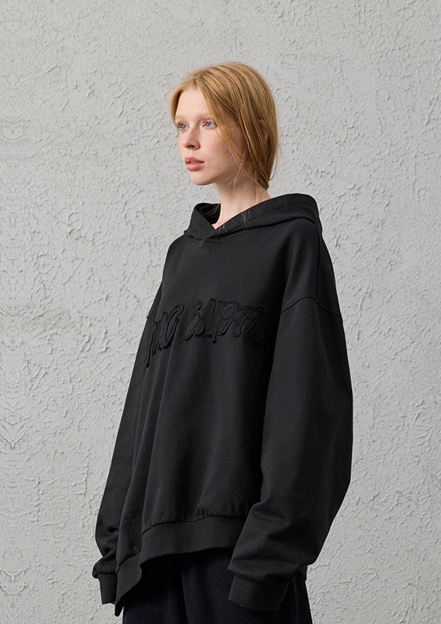 ORGANIC EMOTION Asymmetrical Hem LOGO Embroidered Hoodie, premium urban and streetwear designers apparel on PROJECTISR.com, ORGANIC EMOTION