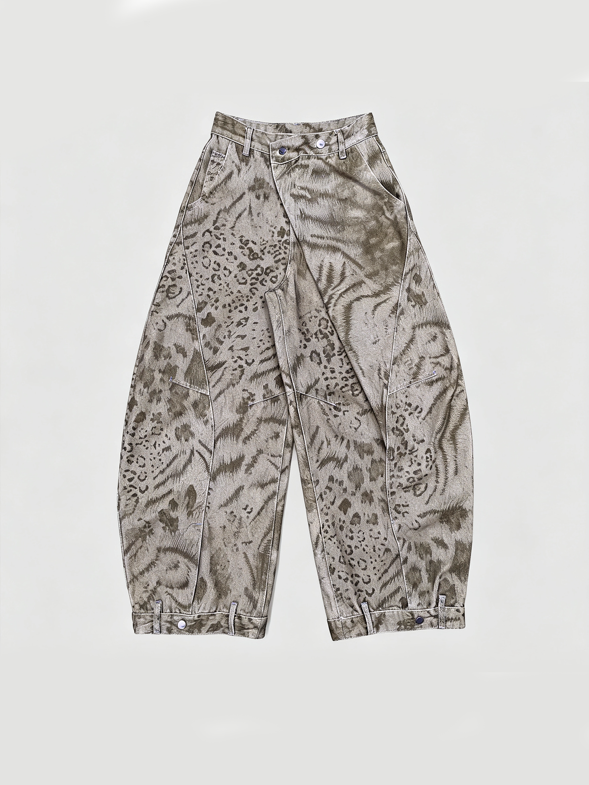 HAHAHA Animal Totem Graphic Crossover-Waist Curved Wide-Leg Pants