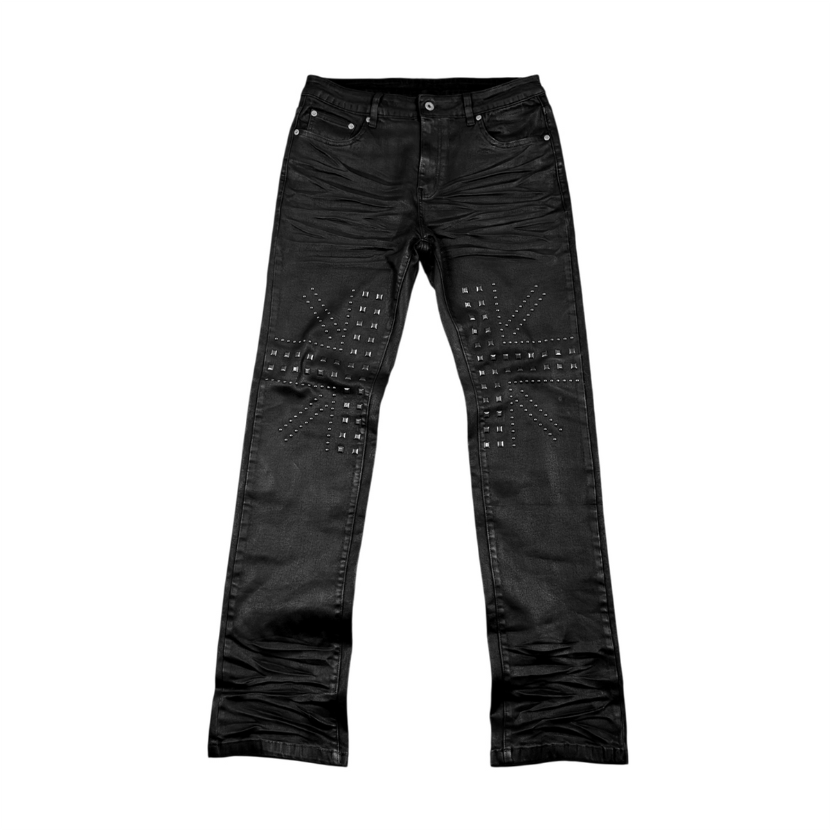 SAXGENWON Studded Washed Pleated Slim Jeans