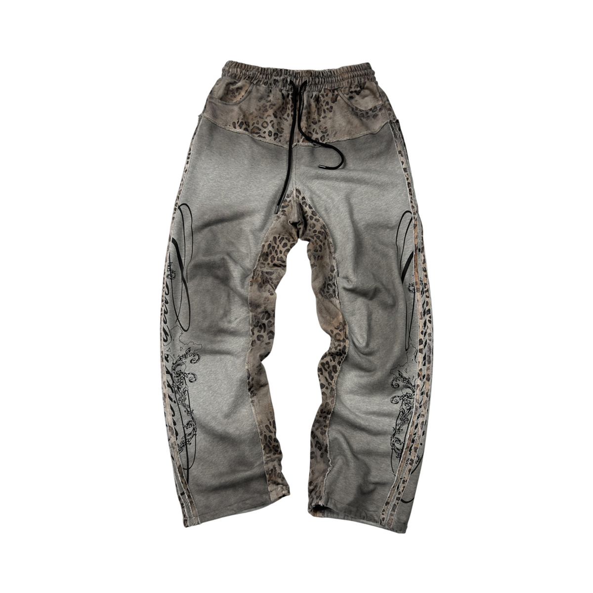 SAXGENWON Leopard Layered Frayed Paint-Splattered Sweatpants