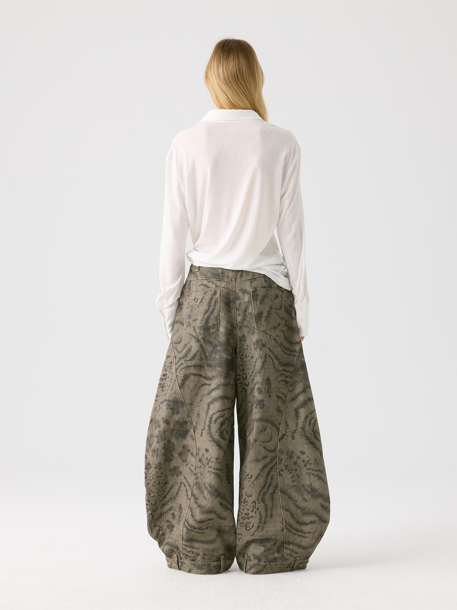 HAHAHA Animal Totem Graphic Crossover-Waist Curved Wide-Leg Pants