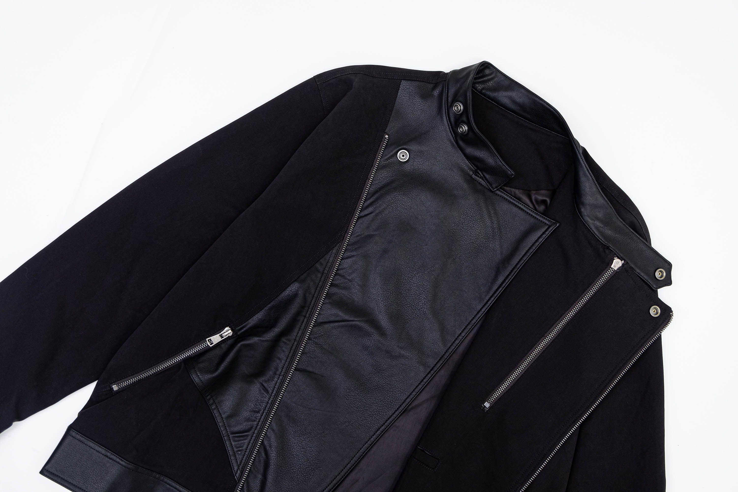 IN EXISTENCE Multi-Zip Asymmetrical Spliced Leather Biker Jacket, premium urban and streetwear designers apparel on PROJECTISR.com, IN EXISTENCE