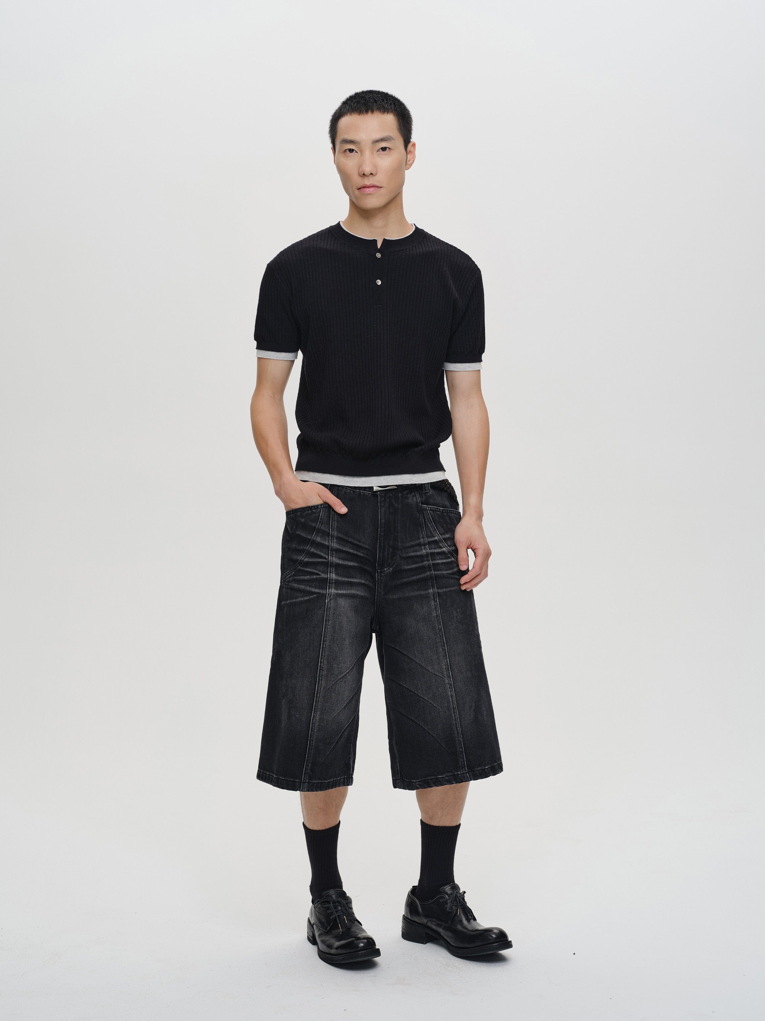 CATSSTAC Whisker-Wash Middle-Spliced Wide-Leg Shorts, premium urban and streetwear designers apparel on PROJECTISR.com, CATSSTAC