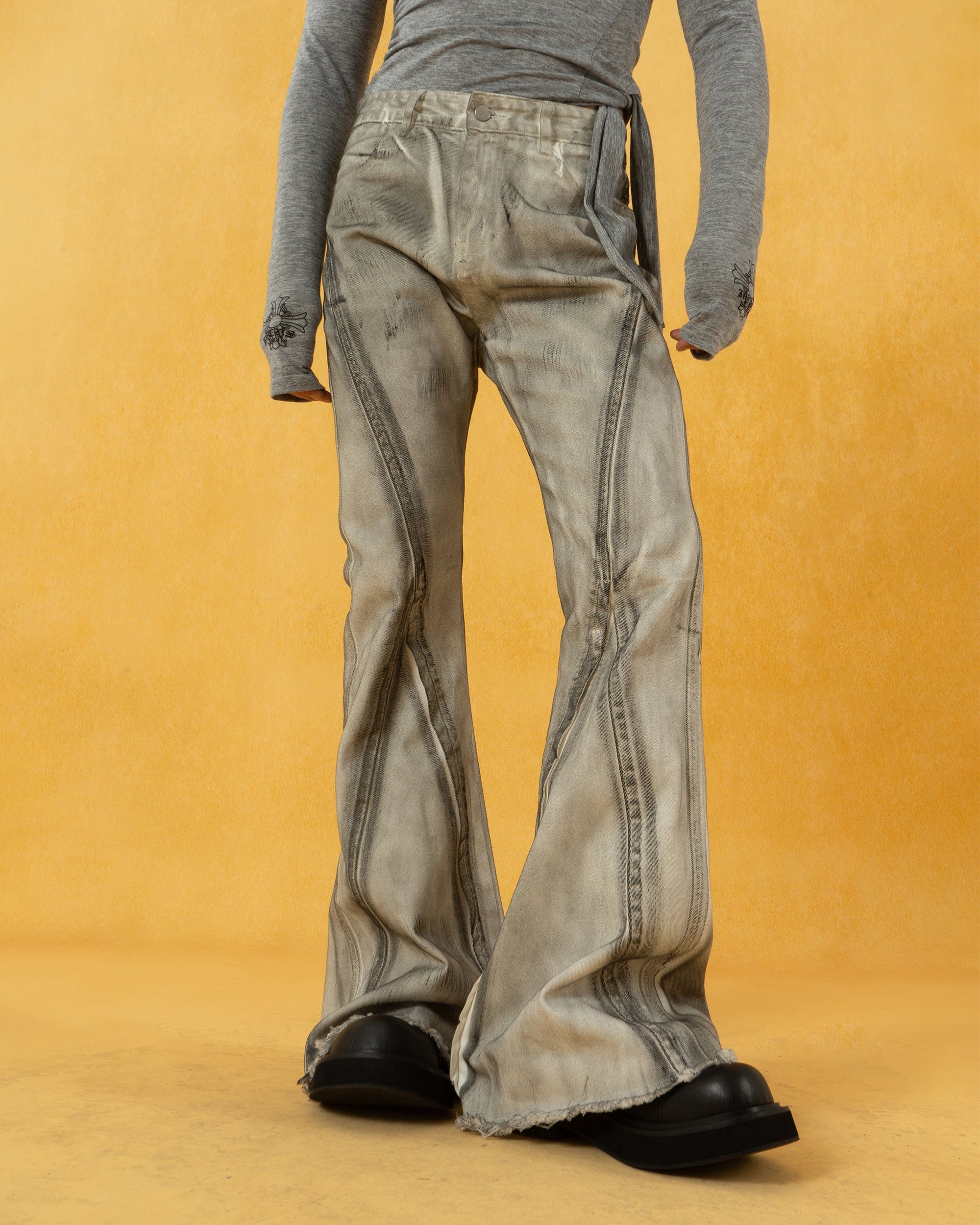 CLP Spliced Distressed Raw Edge Flared Jeans, premium urban and streetwear designers apparel on PROJECTISR.com, CLP
