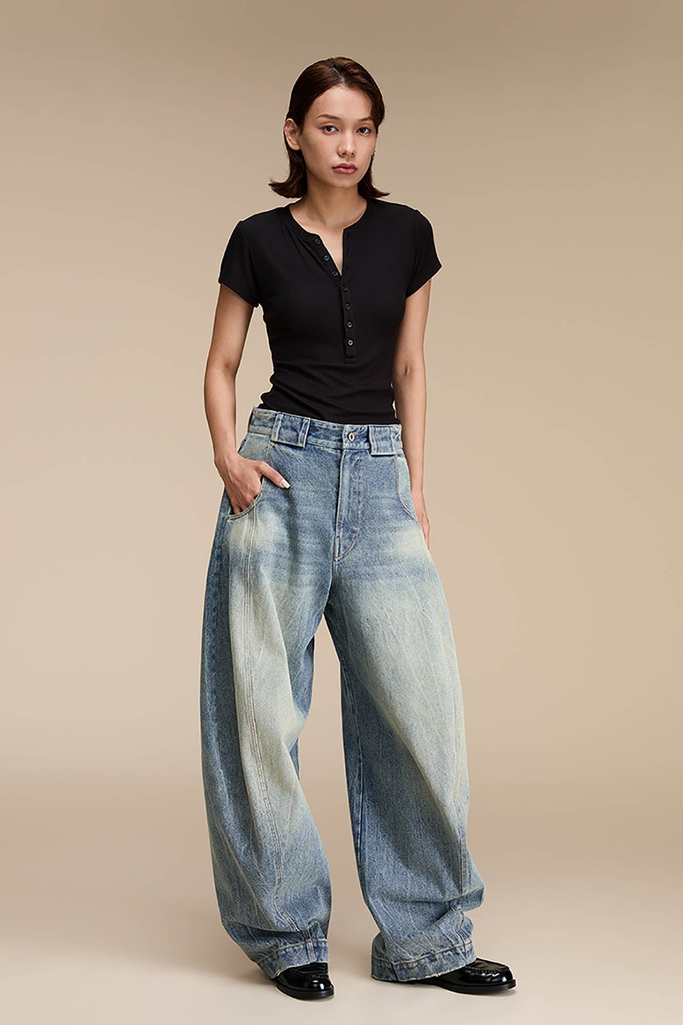 OPICLOTH Distressed Spliced Barrel-Leg Jeans, premium urban and streetwear designers apparel on PROJECTISR.com, OPICLOTH