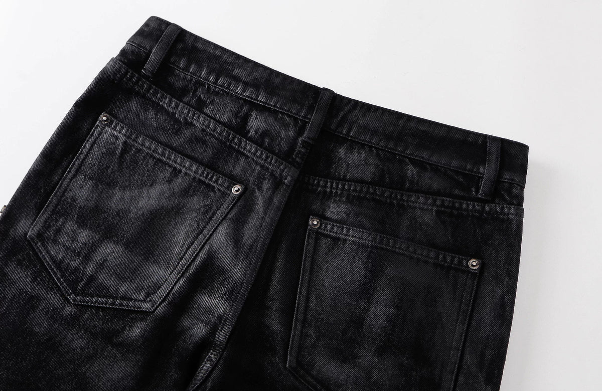 REBEL WAVE Cross Zip Wax-Coated Flared Jeans