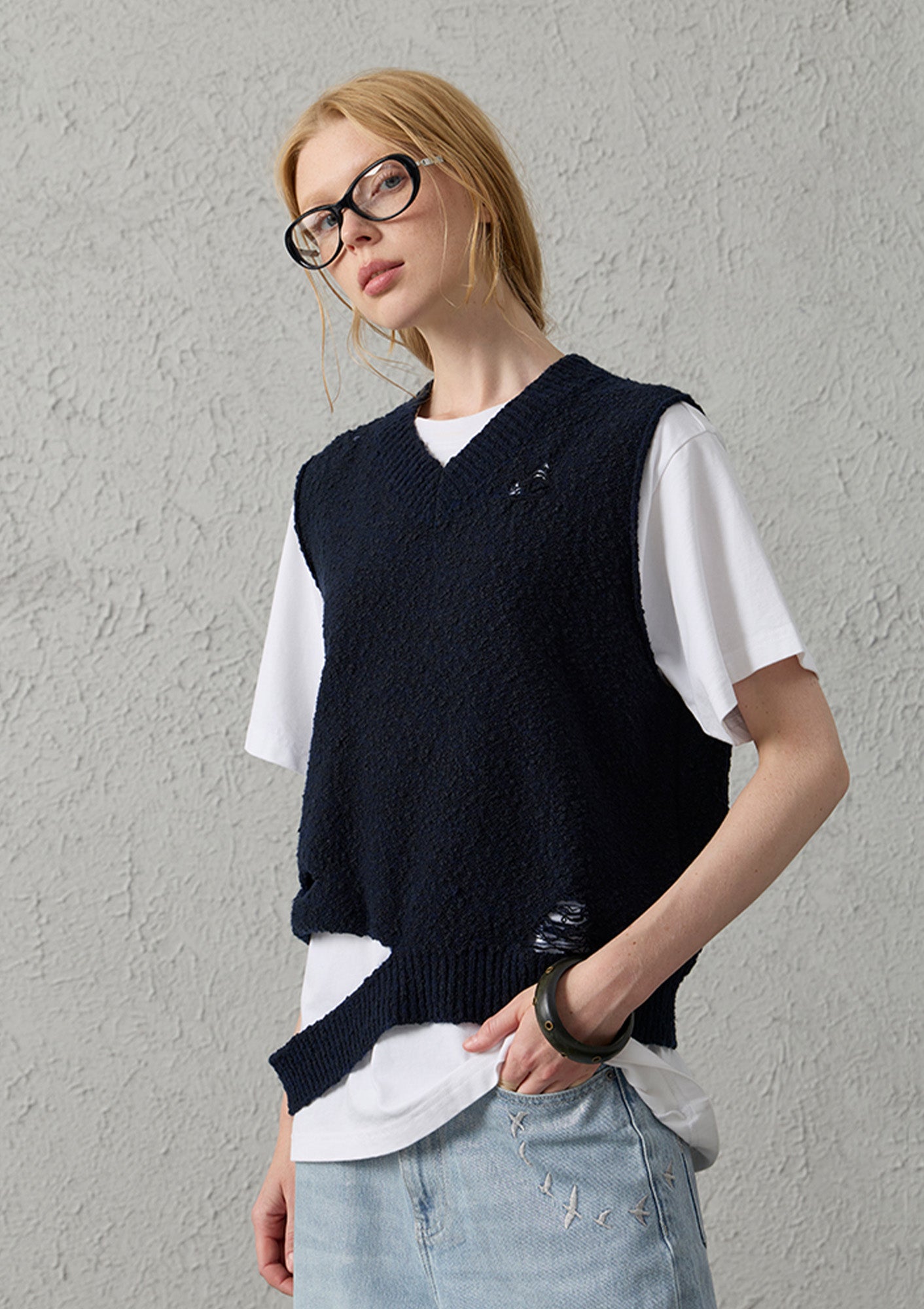ORGANIC EMOTION Asymmetrical Distressed Bubble-Knit Vest, premium urban and streetwear designers apparel on PROJECTISR.com, ORGANIC EMOTION