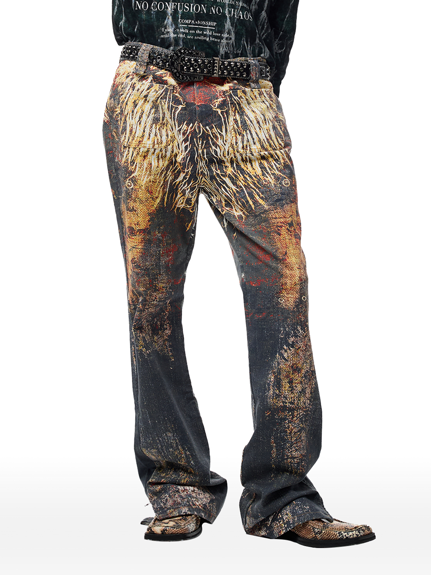 CYCYCY Feather Full-Print Slim Flared Jeans