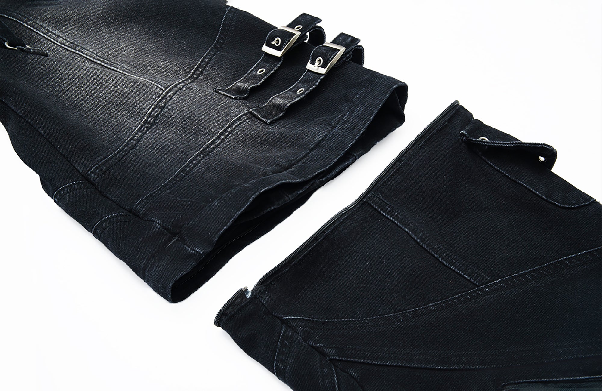 MOGONGSHE Detachable Drape-Strap Washed Jeans