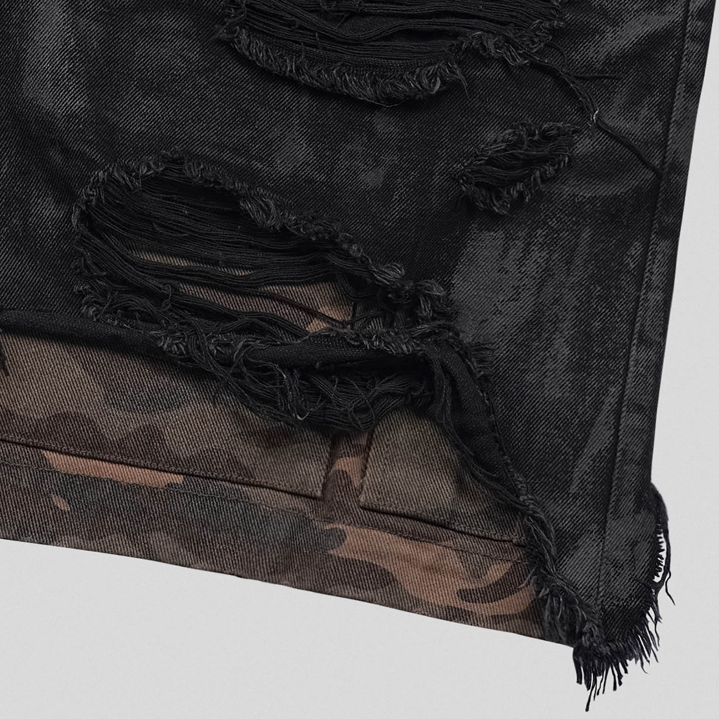 UNDERWATER Double-Layered Ripped Camo Shorts Black, premium urban and streetwear designers apparel on PROJECTISR.com, UNDERWATER