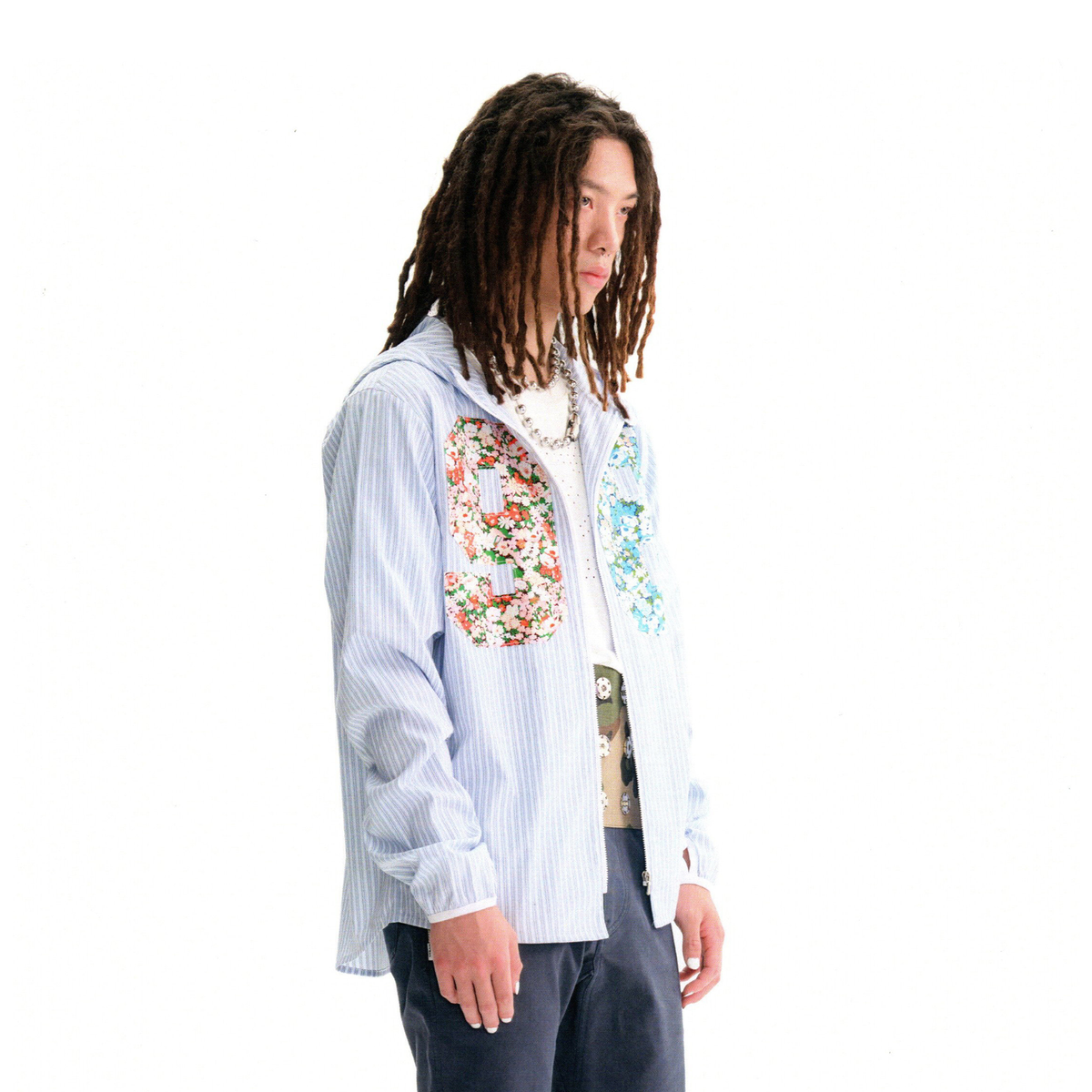 URBAN+FOREST Floral Patchwork Striped Hooded Shirt Jacket, premium urban and streetwear designers apparel on PROJECTISR.com, URBAN+FOREST