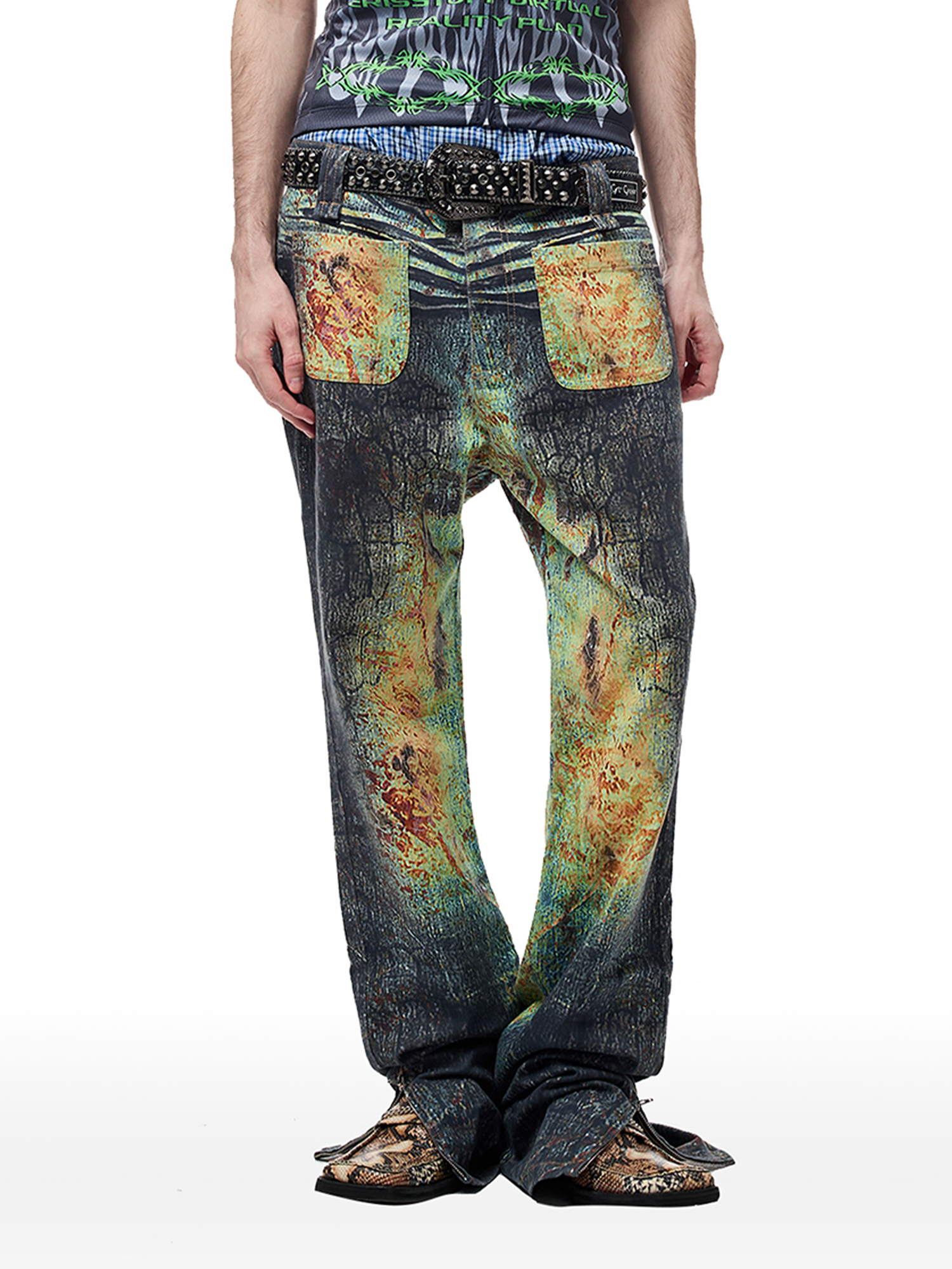 CYCYCY Iridescent Croc Full-Print Slim Flared Jeans