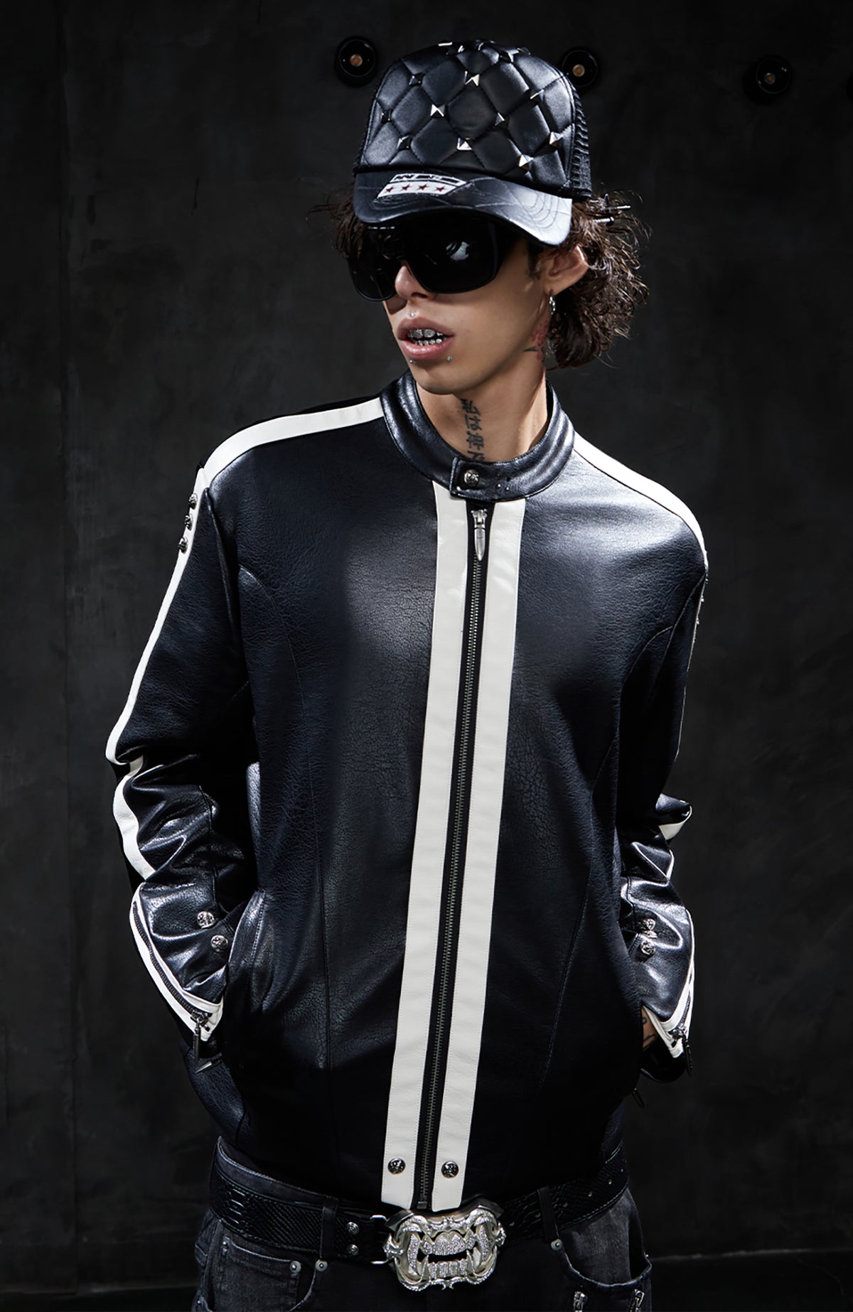 DND4DES Retro Spliced Stripe Biker Jacket