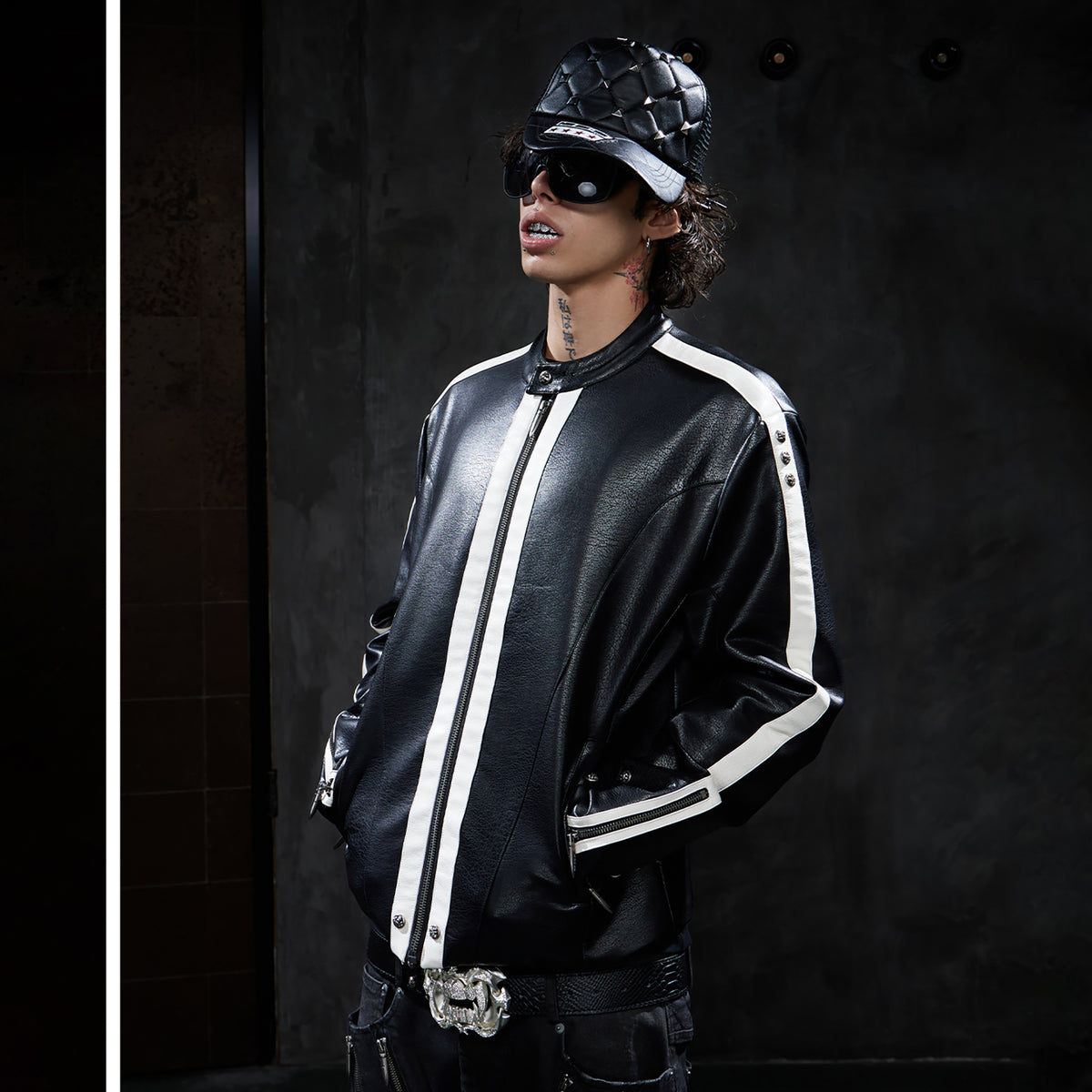 DND4DES Retro Spliced Stripe Biker Jacket