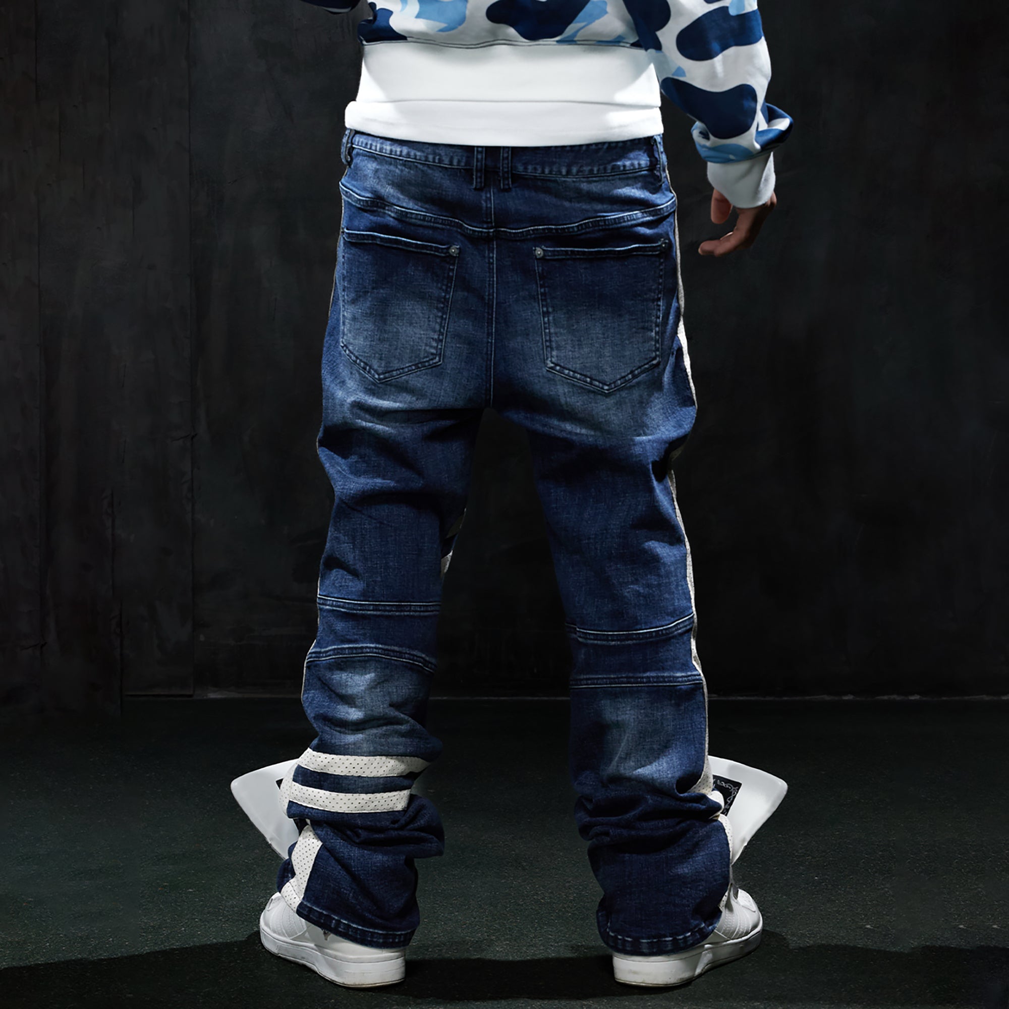 DND4DES Retro Washed Spliced Slim Moto Jeans